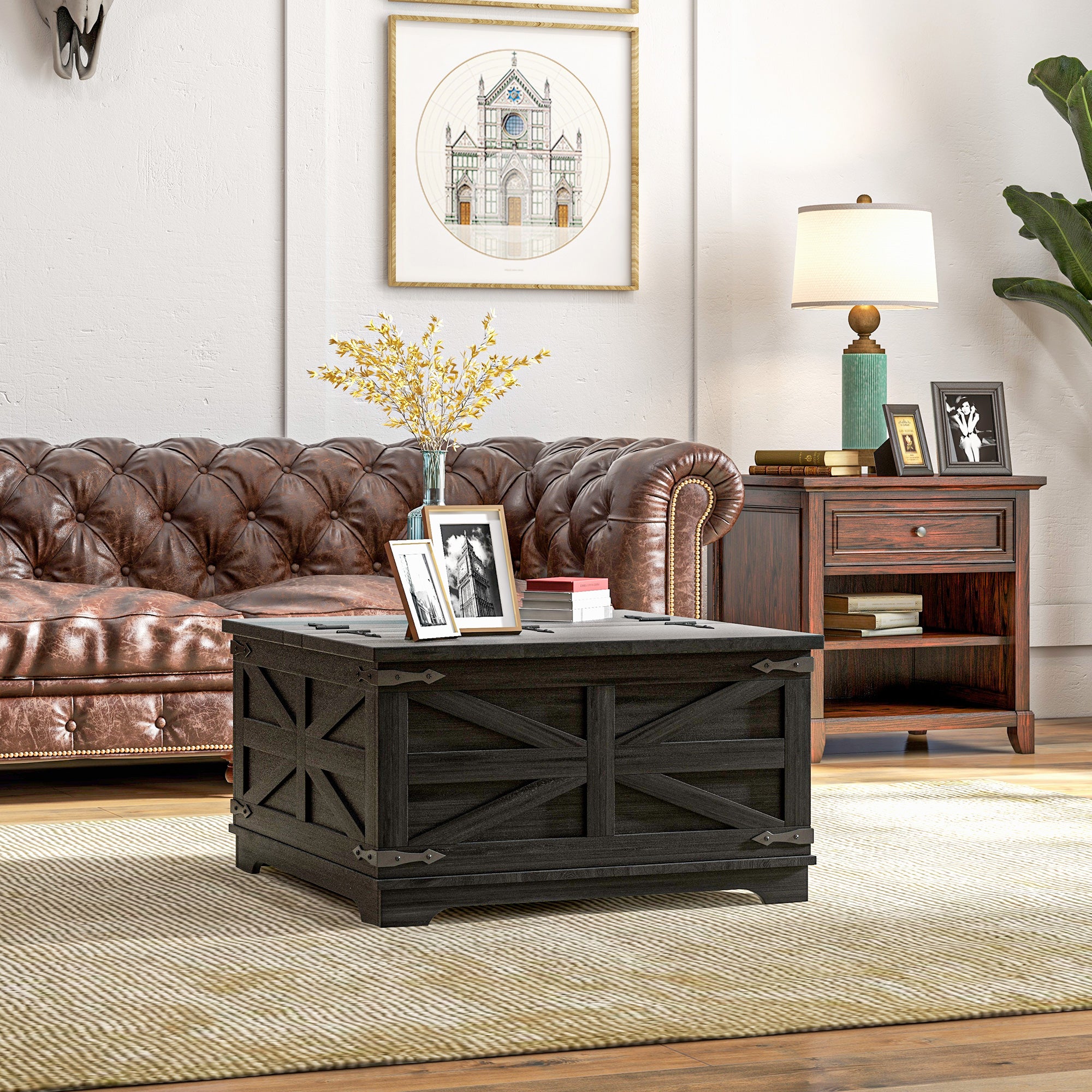 HOMCOM Farmhouse Coffee Table with Storage, Center Table with Hinged Lift Top and Hidden Space, Square Coffee Table for Living Room, Black