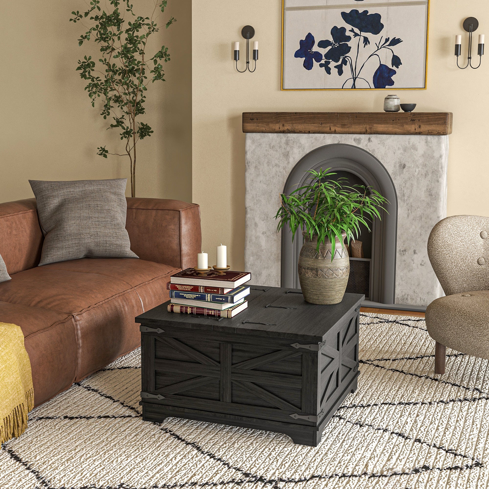 HOMCOM Farmhouse Coffee Table with Storage, Center Table with Hinged Lift Top and Hidden Space, Square Coffee Table for Living Room, Black