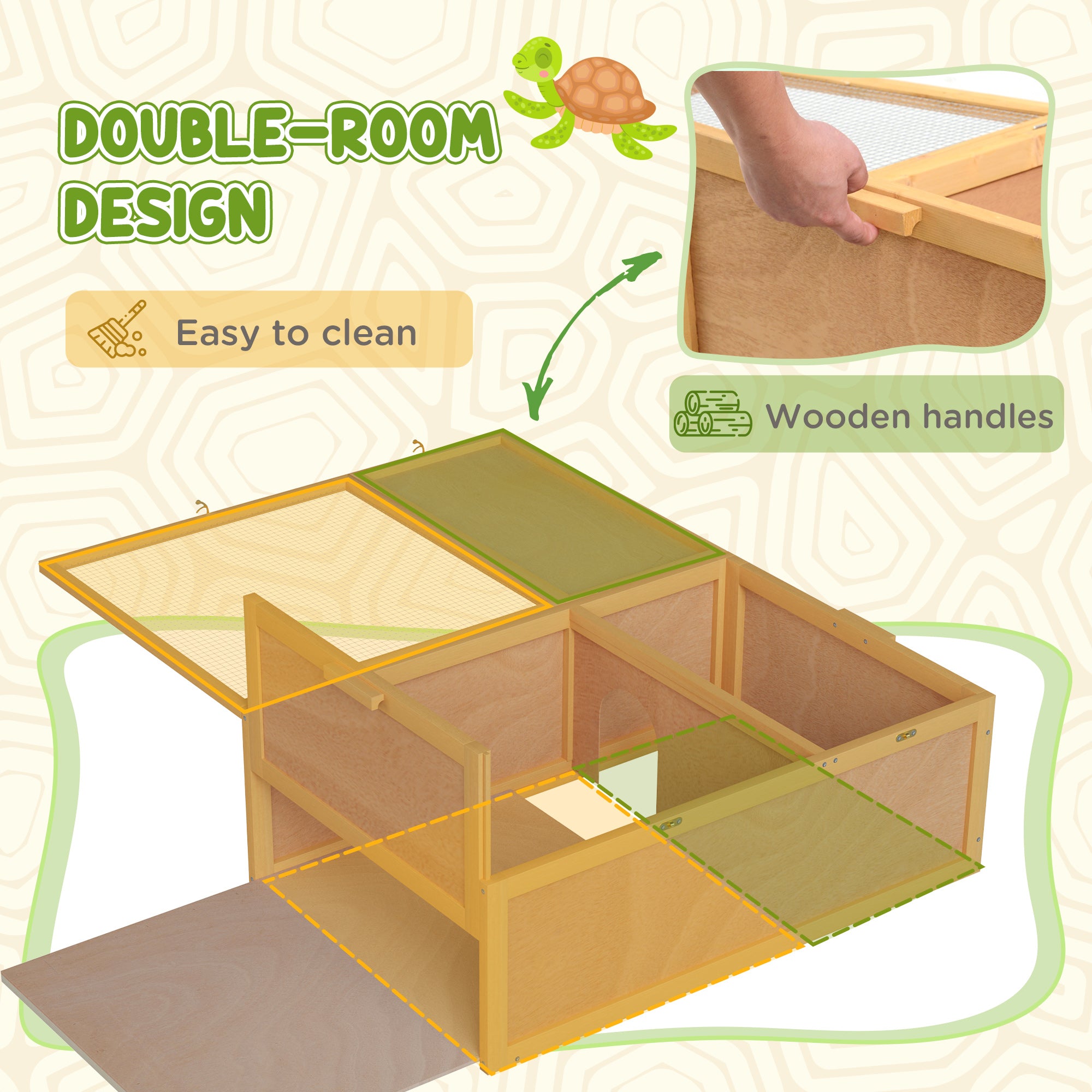 PawHut Tortoise Enclosure, Wooden Turtle Tank Reptile Terrarium with Two Room Design, for Indoor Use, 37" x 25" x 13", Nature Wood