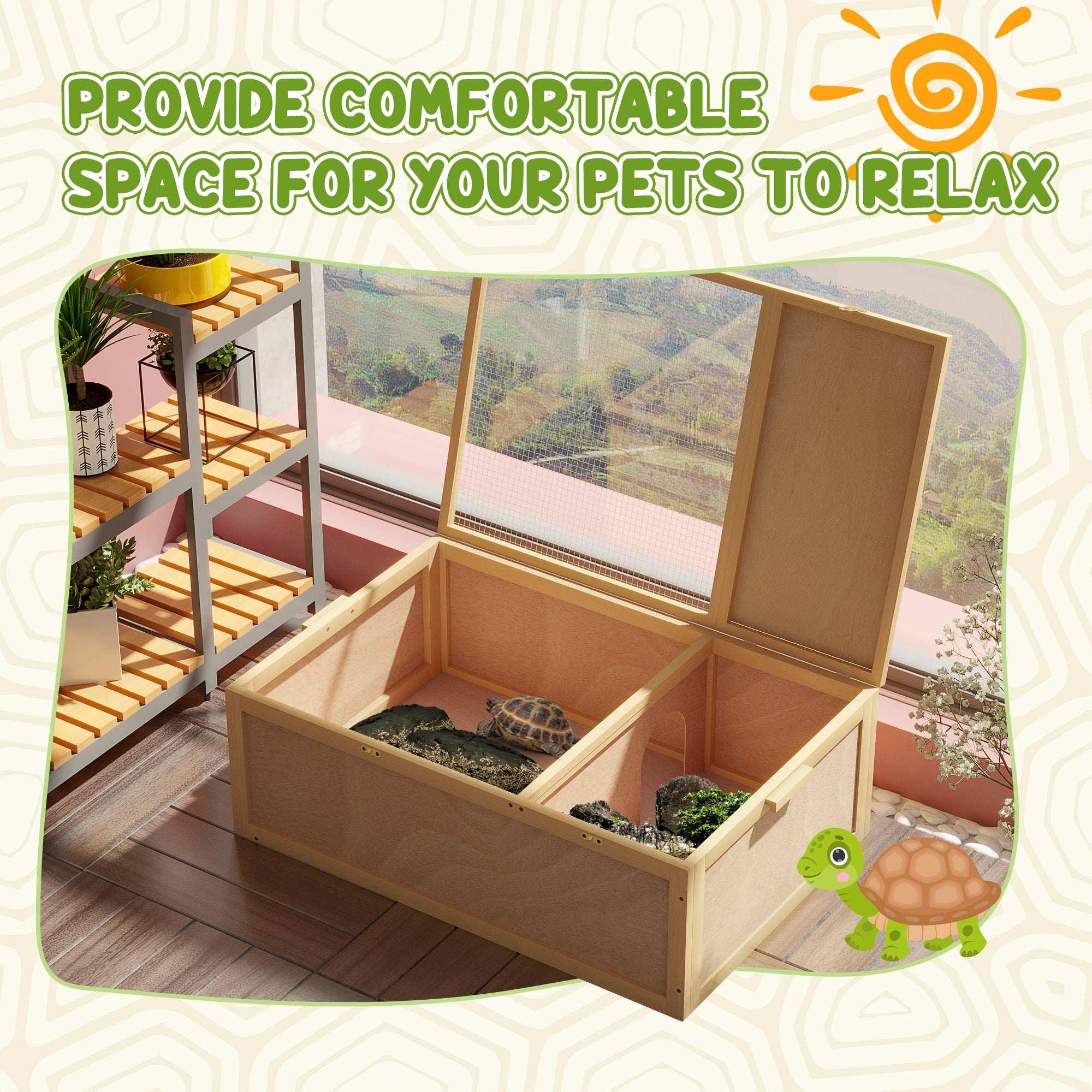 PawHut Tortoise Enclosure, Wooden Turtle Tank Reptile Terrarium with Two Room Design, for Indoor Use, 37" x 25" x 13", Nature Wood