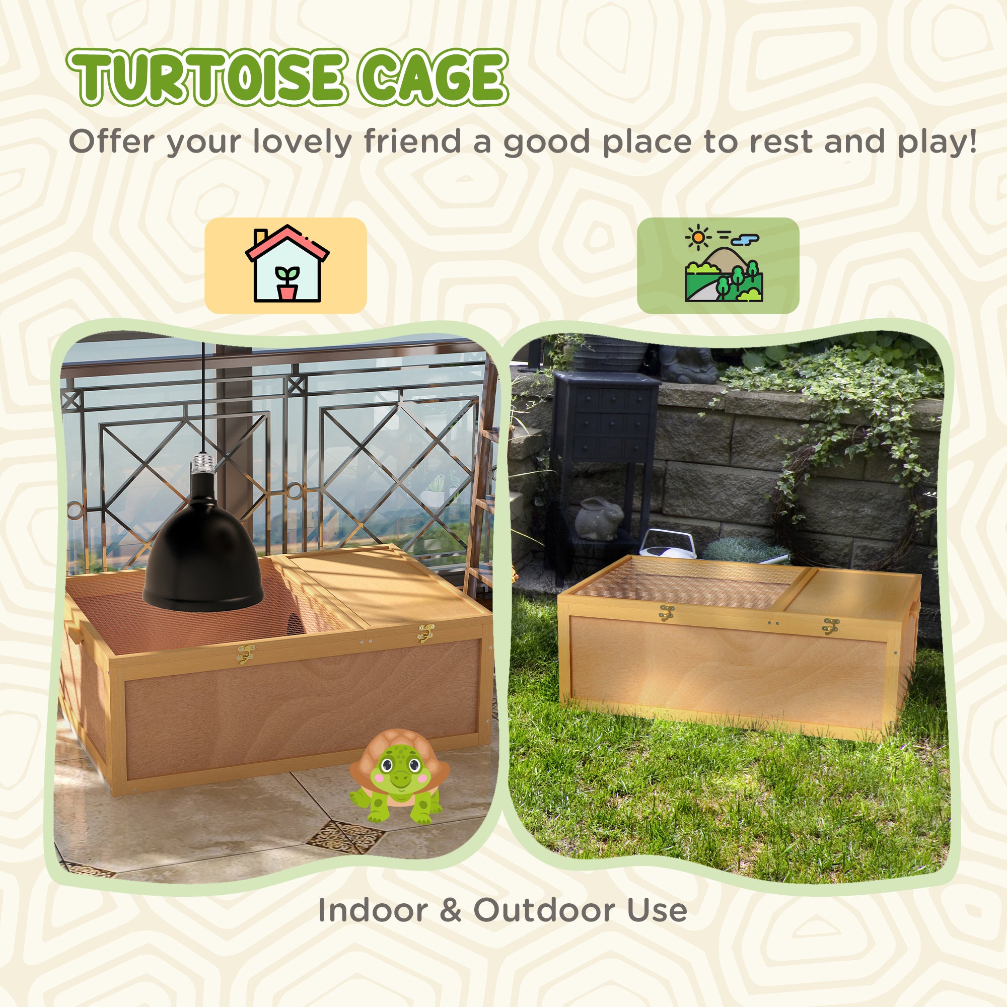 PawHut Tortoise Enclosure, Wooden Turtle Tank Reptile Terrarium with Two Room Design, for Indoor Use, 37" x 25" x 13", Nature Wood
