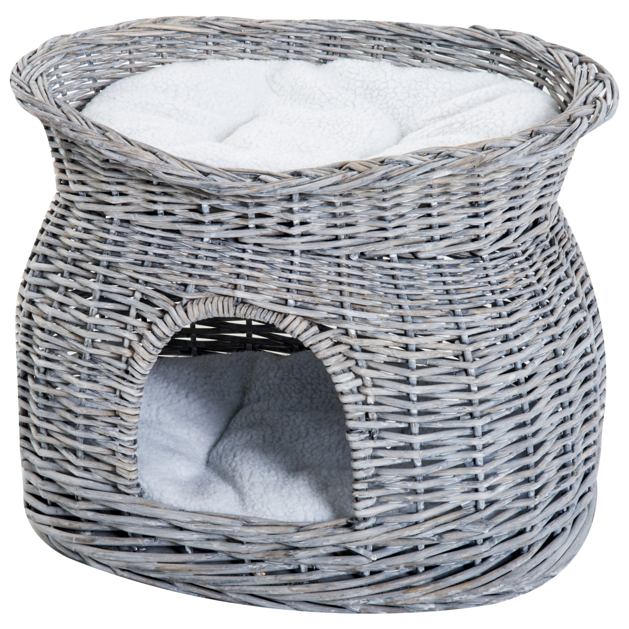 PawHut 2-Tier Wicker Cat House Elevated Pet Bed Basket Willow Kitten Tower Pet Den. Cozy Cave with Washable Cushions 56x37x40cm Grey