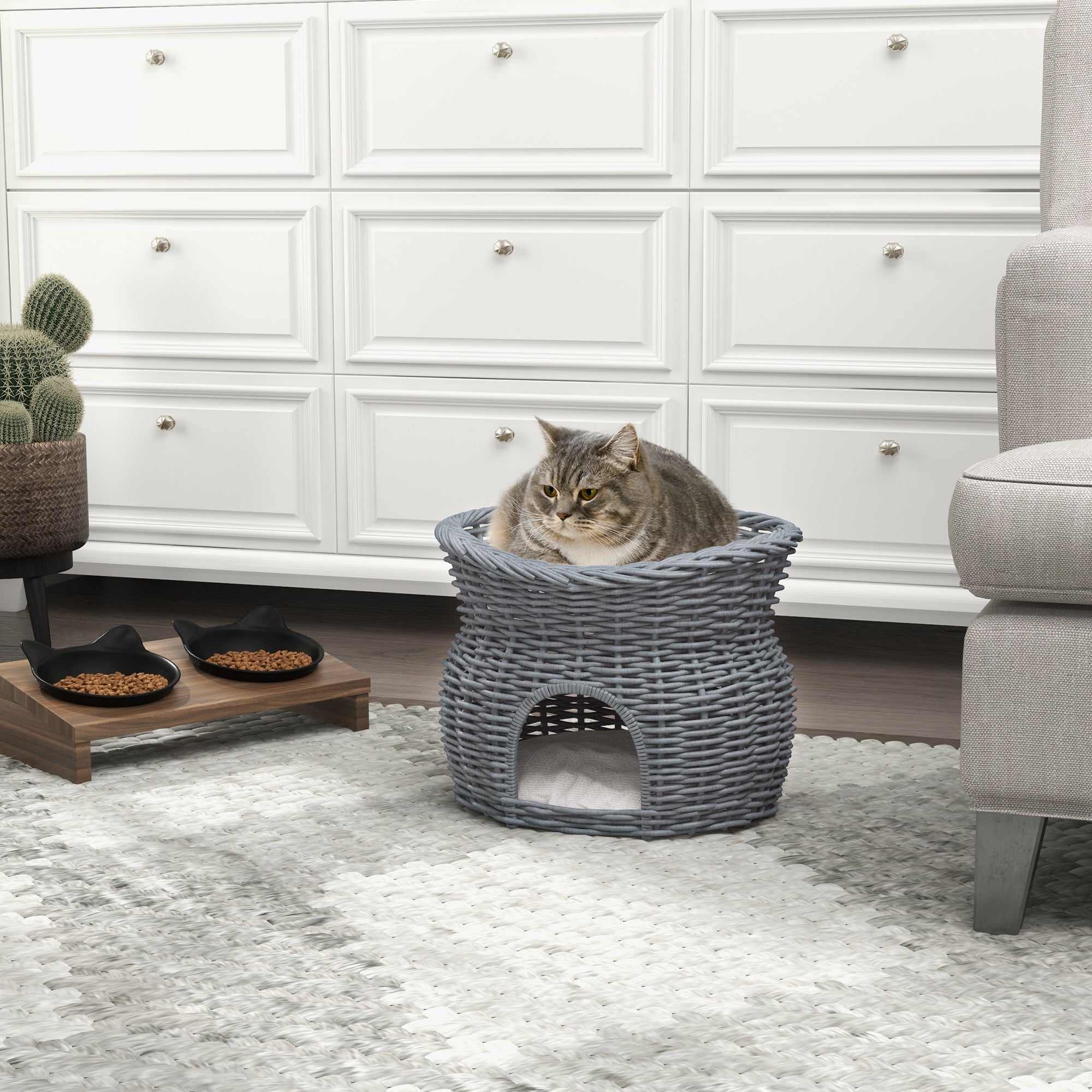 PawHut 2-Tier Wicker Cat House Elevated Pet Bed Basket Willow Kitten Tower Pet Den. Cozy Cave with Washable Cushions 56x37x40cm Grey