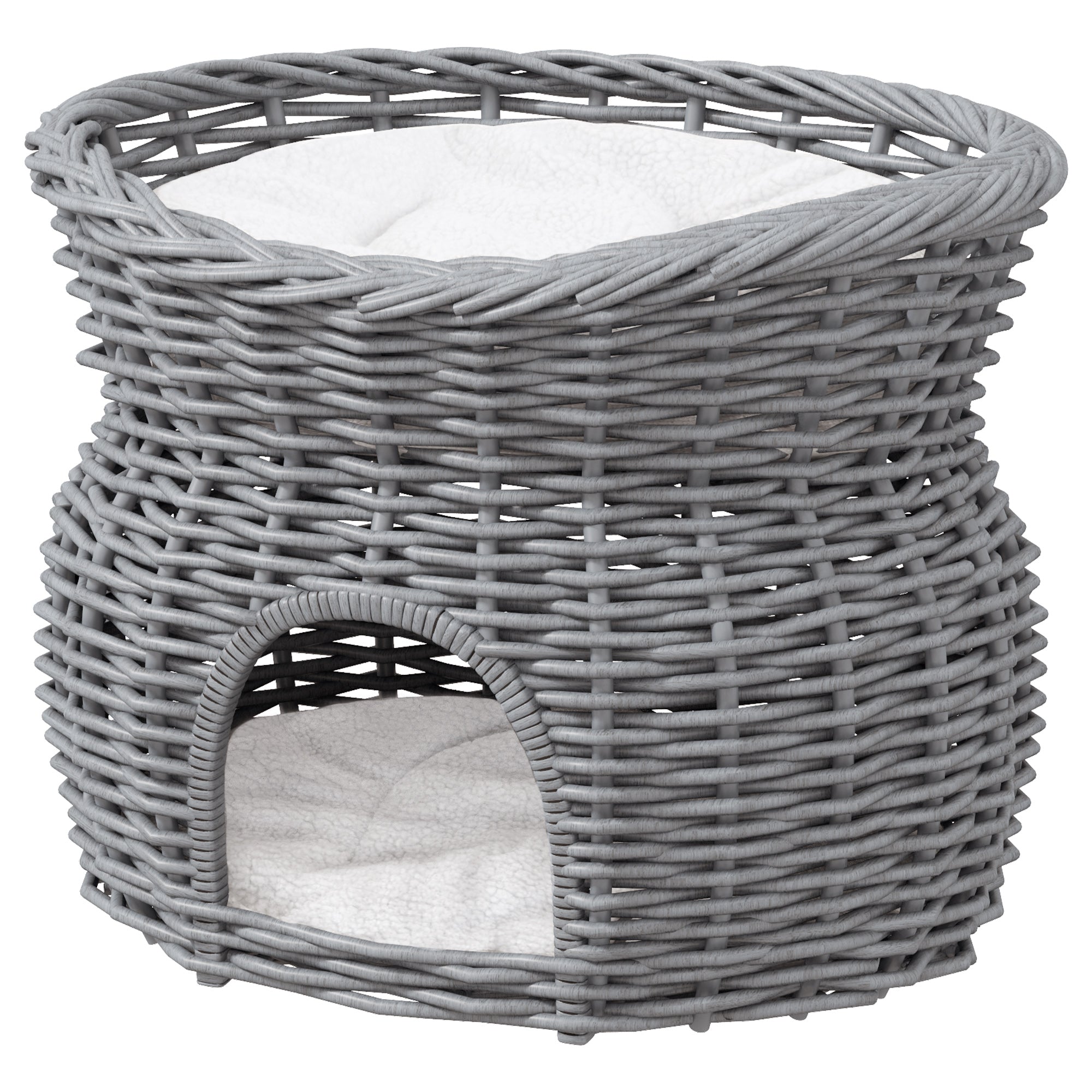 PawHut 2-Tier Wicker Cat House Elevated Pet Bed Basket Willow Kitten Tower Pet Den. Cozy Cave with Washable Cushions 56x37x40cm Grey