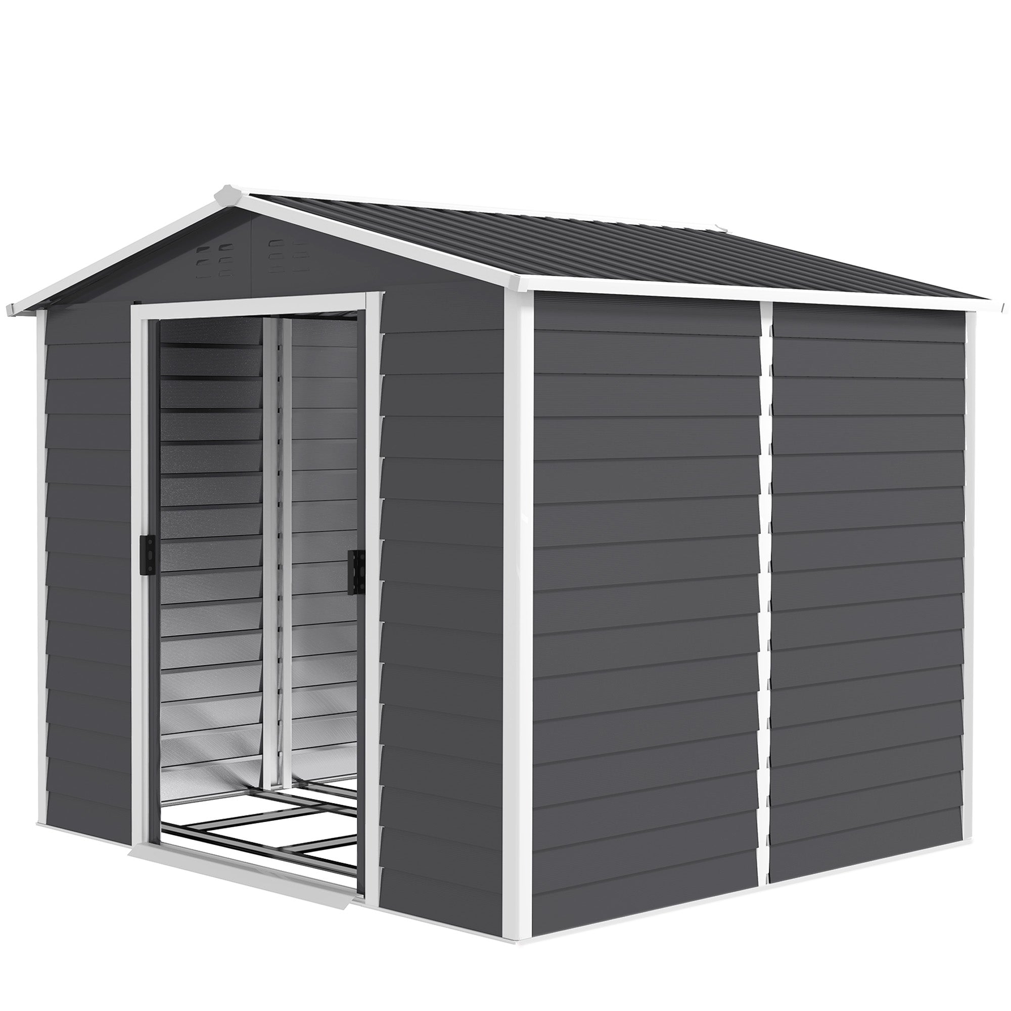 Outsunny 8' x 7' Outdoor Storage Shed, Galvanized Steel Metal Garden Shed with Lockable Doors, Floor Frame, Vents, Lock and Gloves for Backyard, Lawn, Patio, Dark Grey