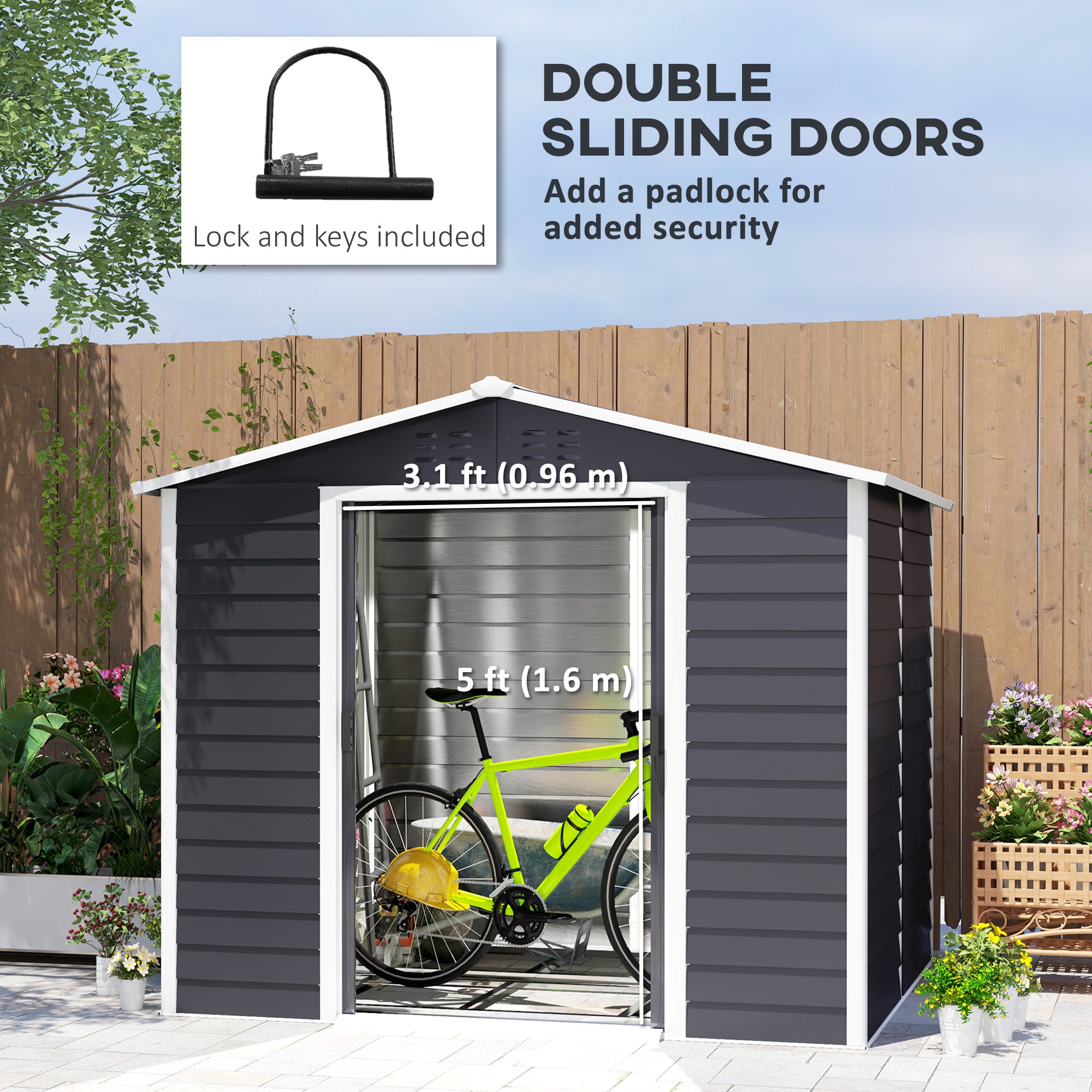 Outsunny 8' x 7' Outdoor Storage Shed, Galvanized Steel Metal Garden Shed with Lockable Doors, Floor Frame, Vents, Lock and Gloves for Backyard, Lawn, Patio, Dark Grey