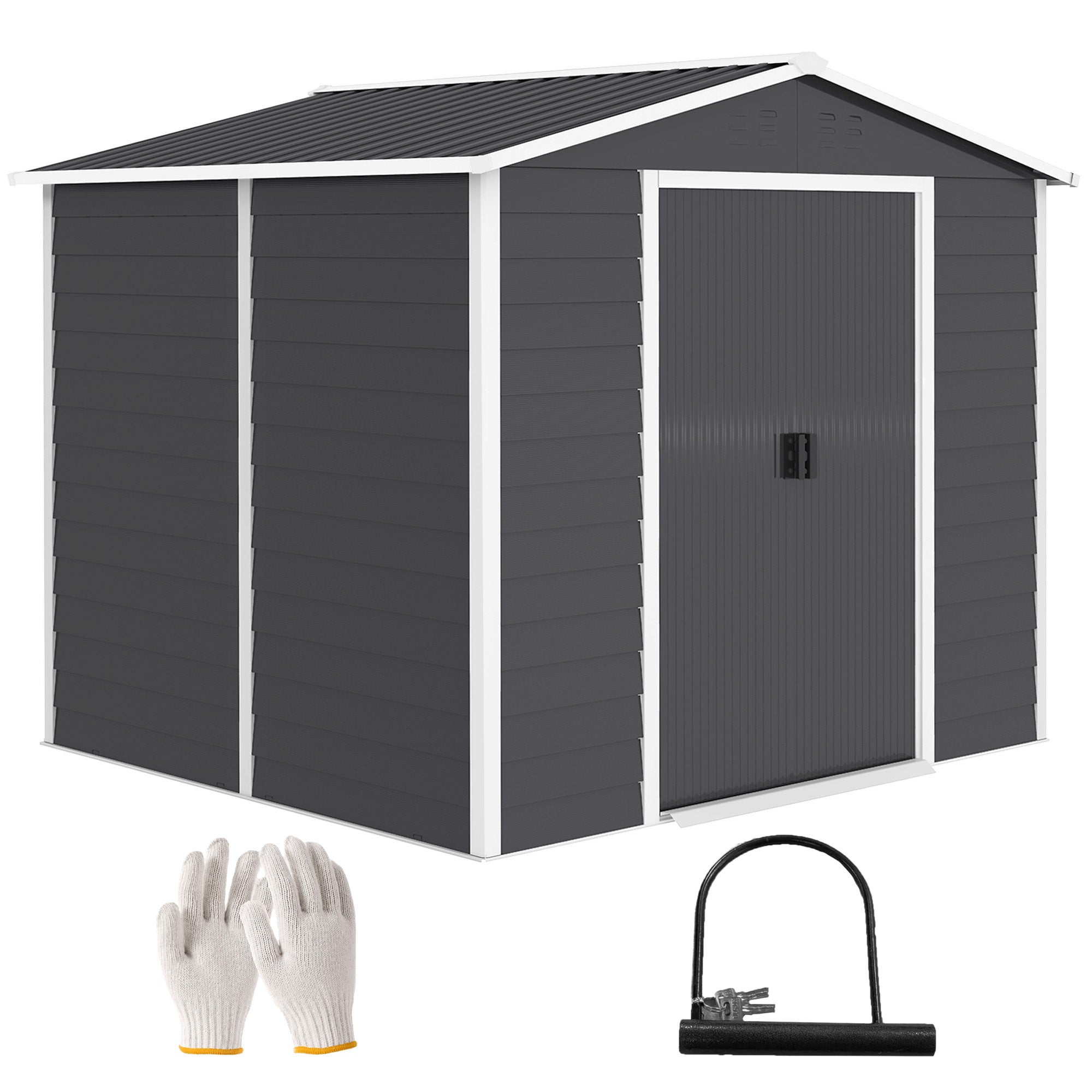 Outsunny 8' x 7' Outdoor Storage Shed, Galvanized Steel Metal Garden Shed with Lockable Doors, Floor Frame, Vents, Lock and Gloves for Backyard, Lawn, Patio, Dark Grey