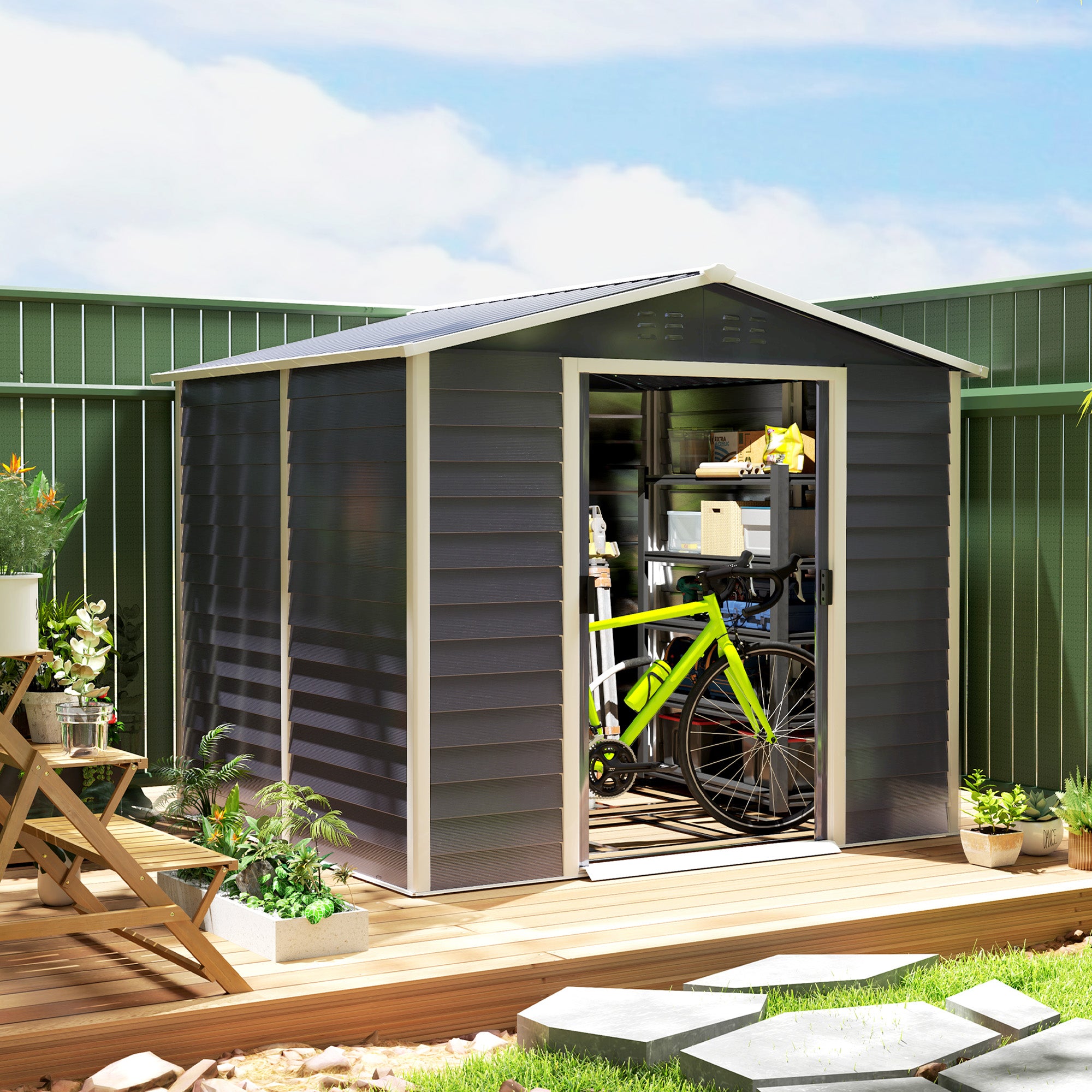 Outsunny 8' x 7' Outdoor Storage Shed, Galvanized Steel Metal Garden Shed with Lockable Doors, Floor Frame, Vents, Lock and Gloves for Backyard, Lawn, Patio, Dark Grey