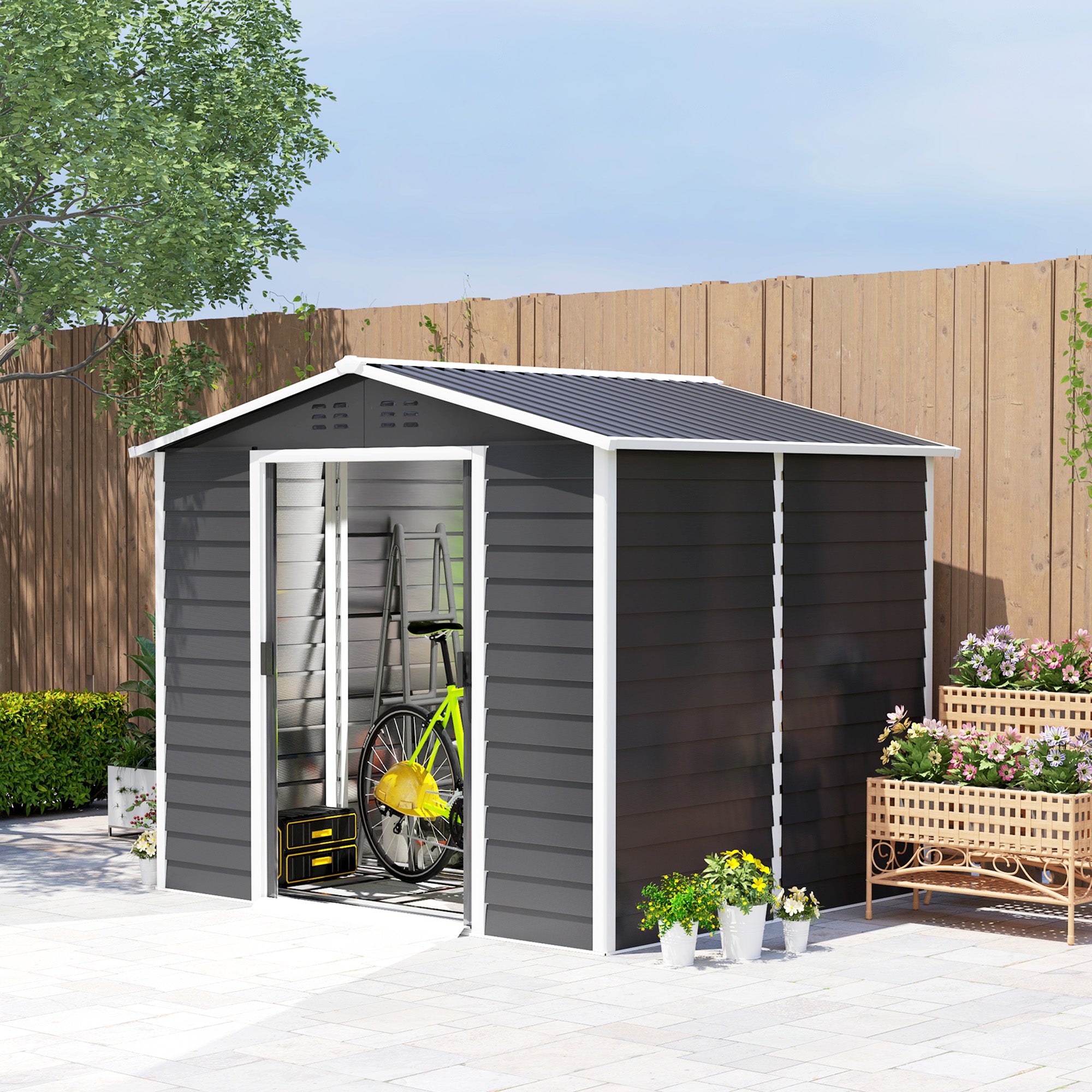 Outsunny 8' x 7' Outdoor Storage Shed, Galvanized Steel Metal Garden Shed with Lockable Doors, Floor Frame, Vents, Lock and Gloves for Backyard, Lawn, Patio, Dark Grey