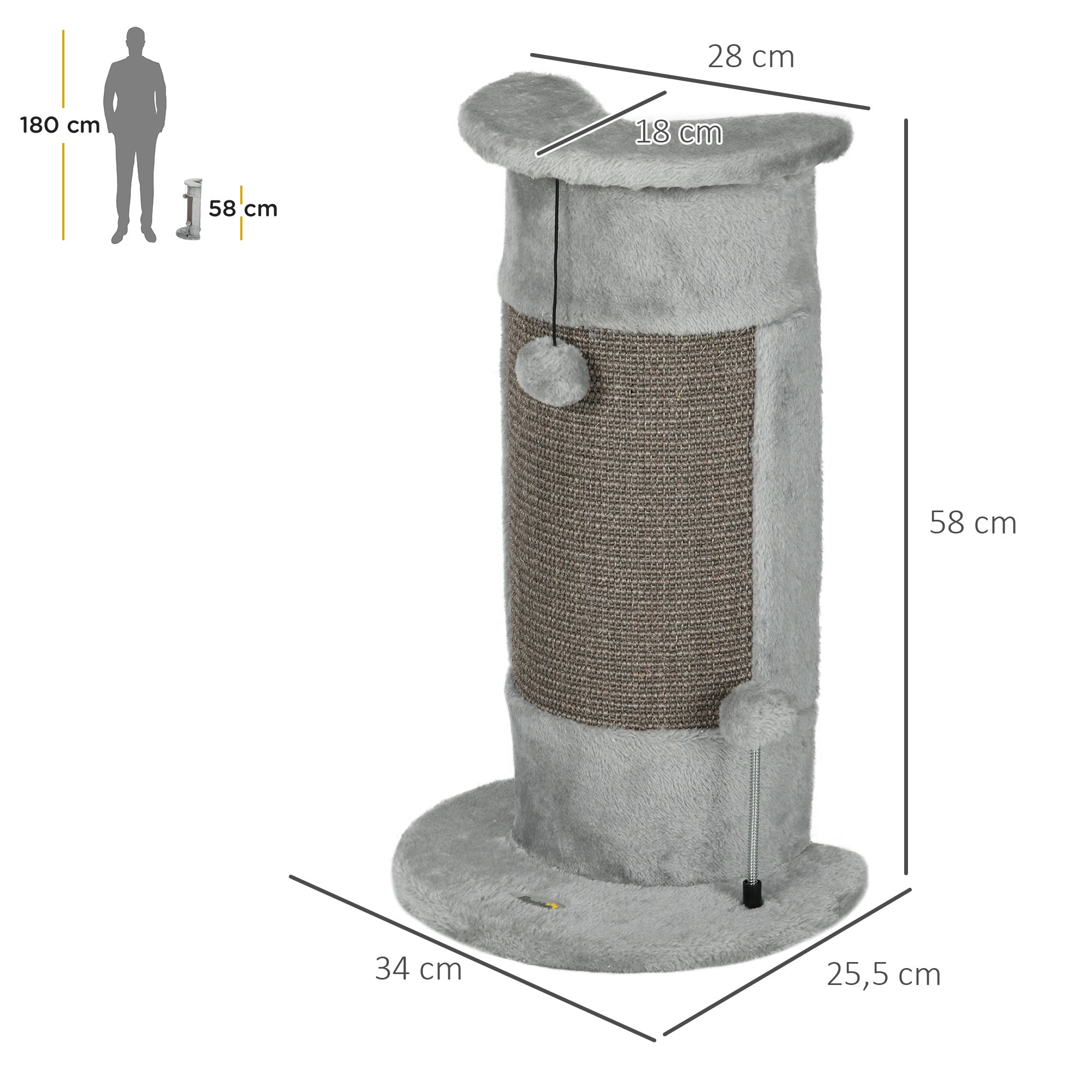 PawHut 58cm Cat Scratching Post for Corner Wall, Claw Scratcher, with Smooth Plush, Sisal Rope, Toy Balls, Stable Base - Grey