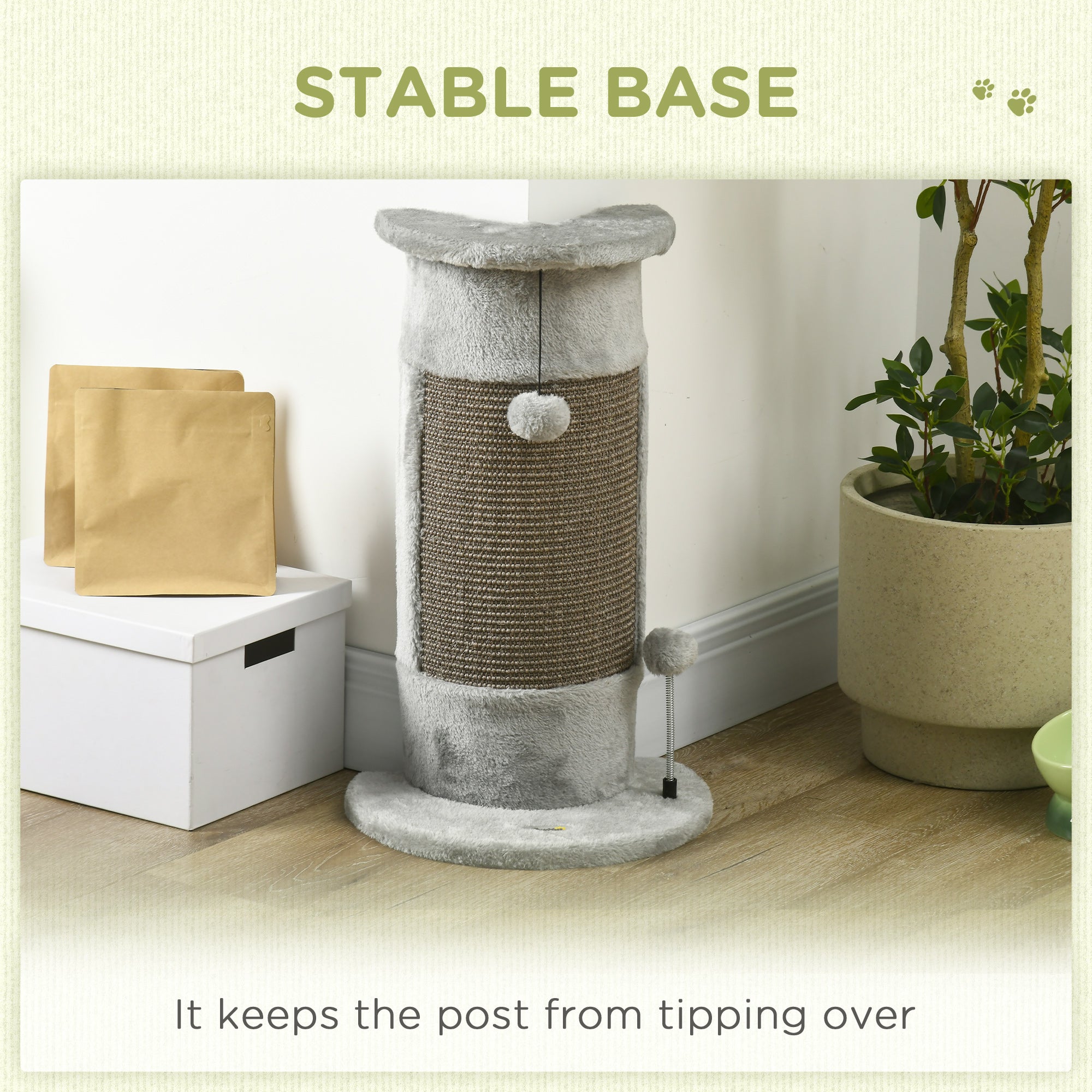 PawHut 58cm Cat Scratching Post for Corner Wall, Claw Scratcher, with Smooth Plush, Sisal Rope, Toy Balls, Stable Base - Grey