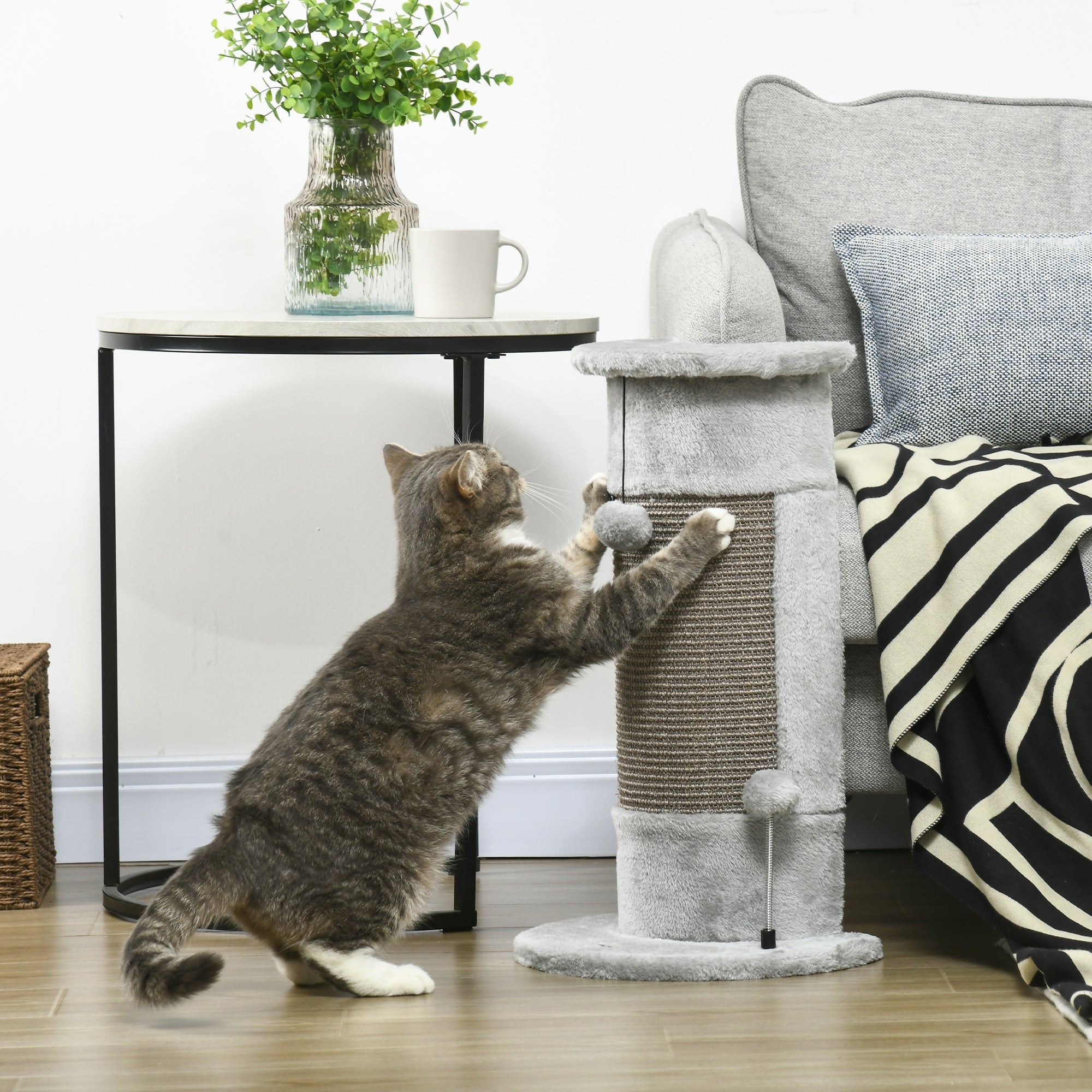 PawHut 58cm Cat Scratching Post for Corner Wall, Claw Scratcher, with Smooth Plush, Sisal Rope, Toy Balls, Stable Base - Grey