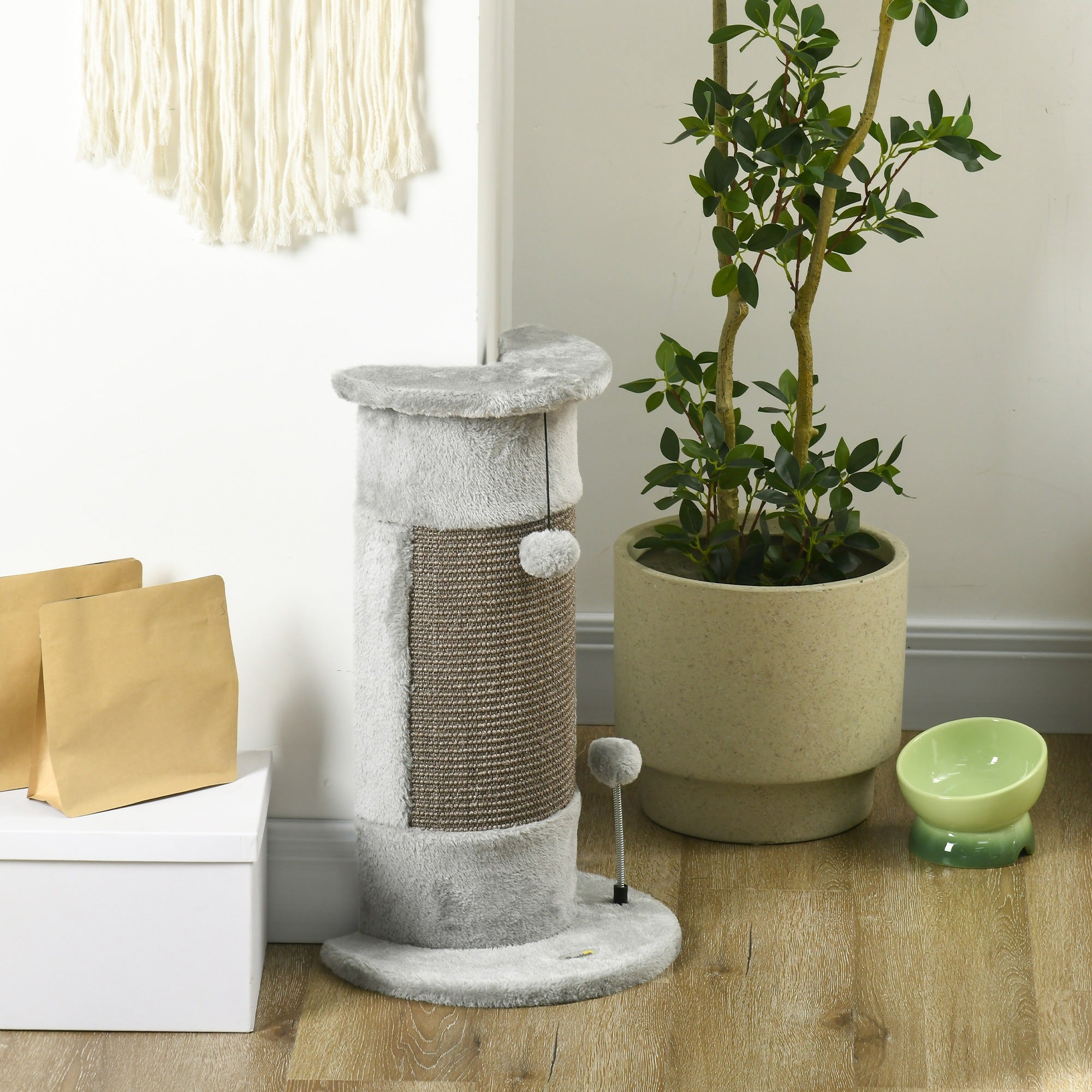 PawHut 58cm Cat Scratching Post for Corner Wall, Claw Scratcher, with Smooth Plush, Sisal Rope, Toy Balls, Stable Base - Grey