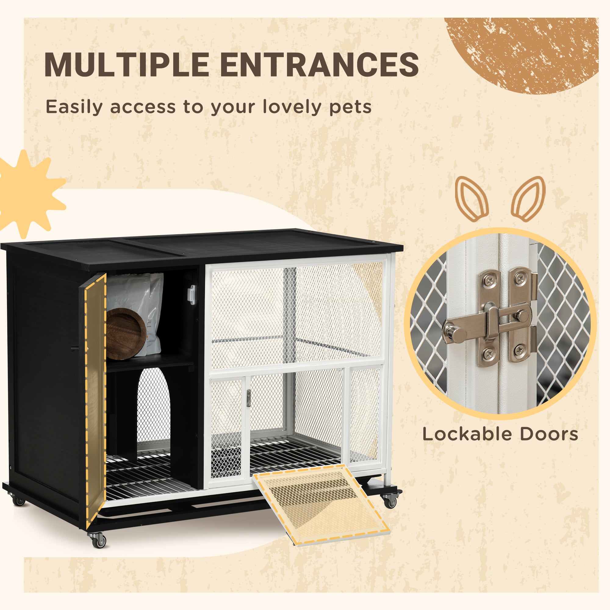 PawHut 38" 2-in-1 Indoor Rabbit Hutch & End Table with Wheels & Storage Shelf, Bunny Rabbit Cage with Removable Tray, Bunny Hutch Rabbit Furniture Pet Crate End Table, Black