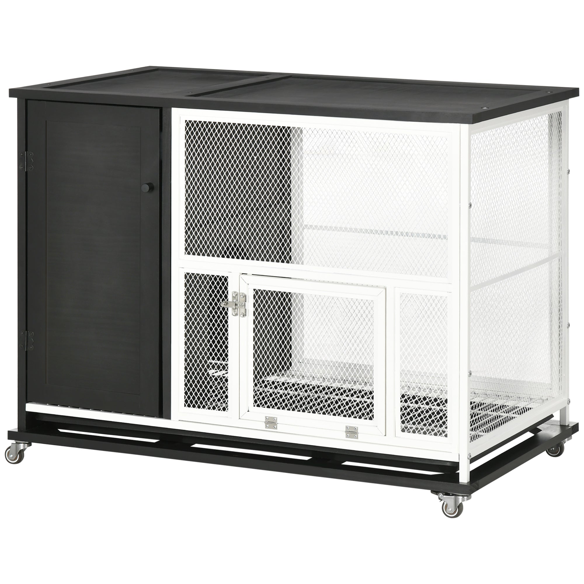 PawHut 38" 2-in-1 Indoor Rabbit Hutch & End Table with Wheels & Storage Shelf, Bunny Rabbit Cage with Removable Tray, Bunny Hutch Rabbit Furniture Pet Crate End Table, Black