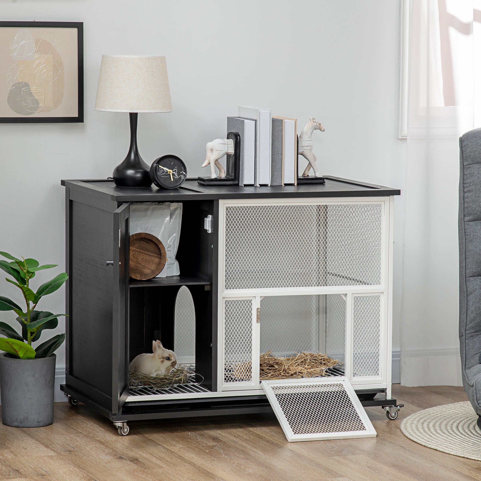 PawHut 38" 2-in-1 Indoor Rabbit Hutch & End Table with Wheels & Storage Shelf, Bunny Rabbit Cage with Removable Tray, Bunny Hutch Rabbit Furniture Pet Crate End Table, Black