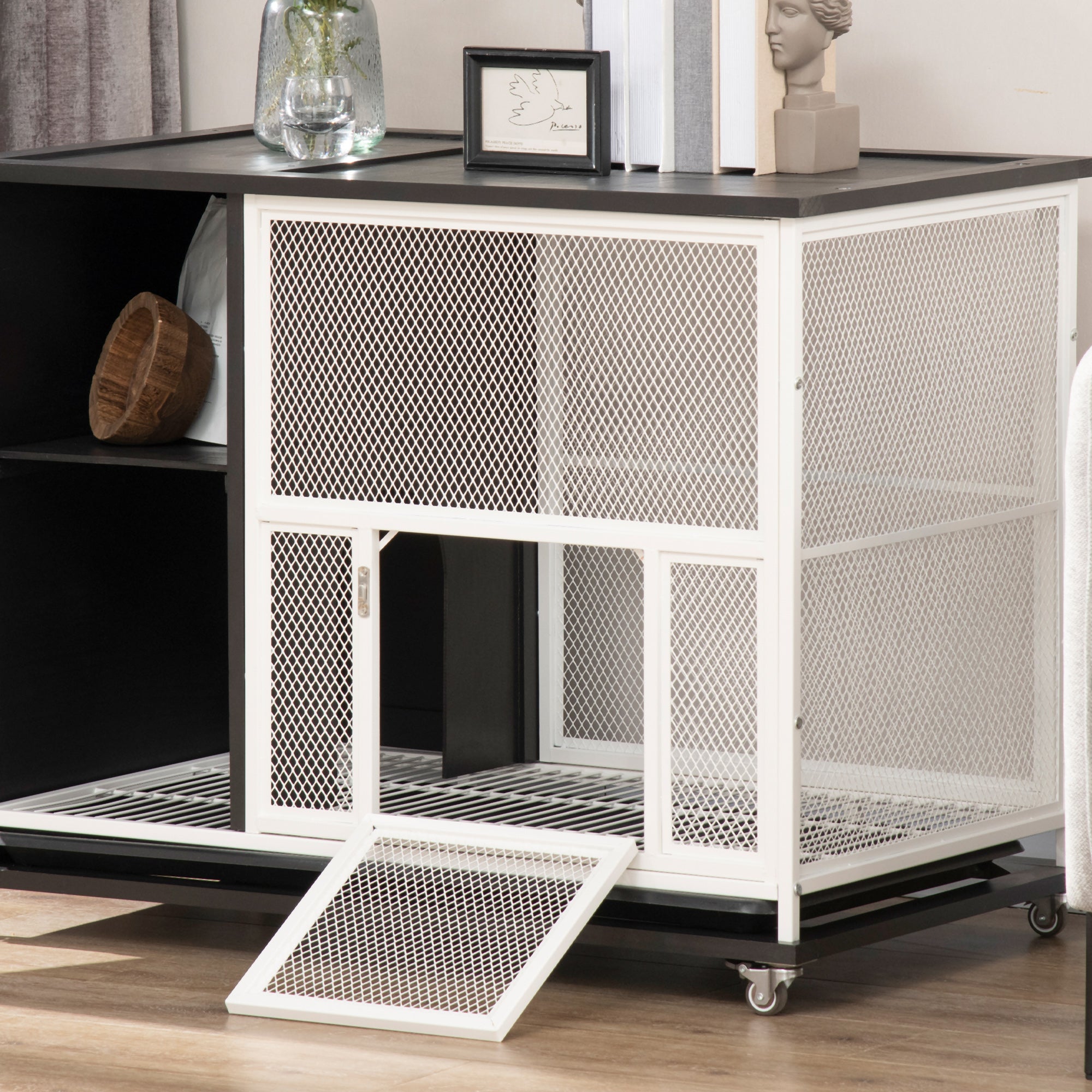 PawHut 38" 2-in-1 Indoor Rabbit Hutch & End Table with Wheels & Storage Shelf, Bunny Rabbit Cage with Removable Tray, Bunny Hutch Rabbit Furniture Pet Crate End Table, Black