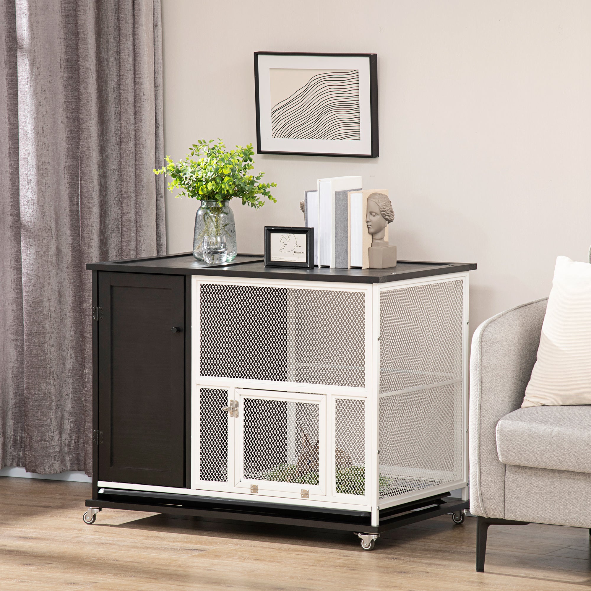 PawHut 38" 2-in-1 Indoor Rabbit Hutch & End Table with Wheels & Storage Shelf, Bunny Rabbit Cage with Removable Tray, Bunny Hutch Rabbit Furniture Pet Crate End Table, Black