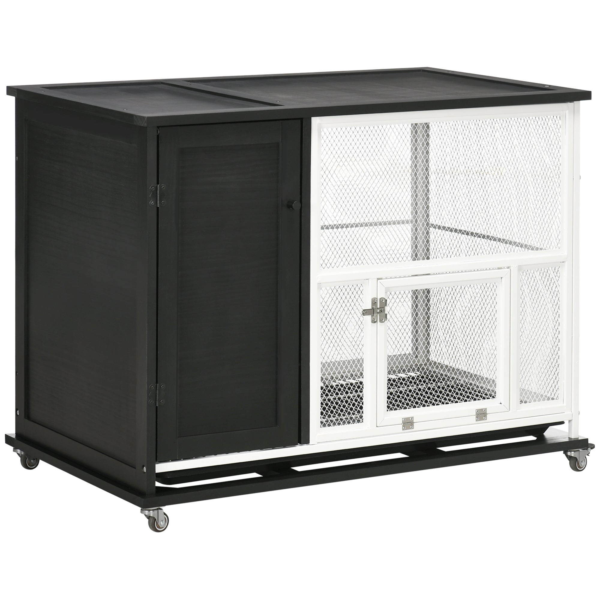 PawHut 38" 2-in-1 Indoor Rabbit Hutch & End Table with Wheels & Storage Shelf, Bunny Rabbit Cage with Removable Tray, Bunny Hutch Rabbit Furniture Pet Crate End Table, Black