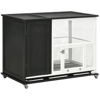 PawHut 38" 2-in-1 Indoor Rabbit Hutch & End Table with Wheels & Storage Shelf, Bunny Rabbit Cage with Removable Tray, Bunny Hutch Rabbit Furniture Pet Crate End Table, Black