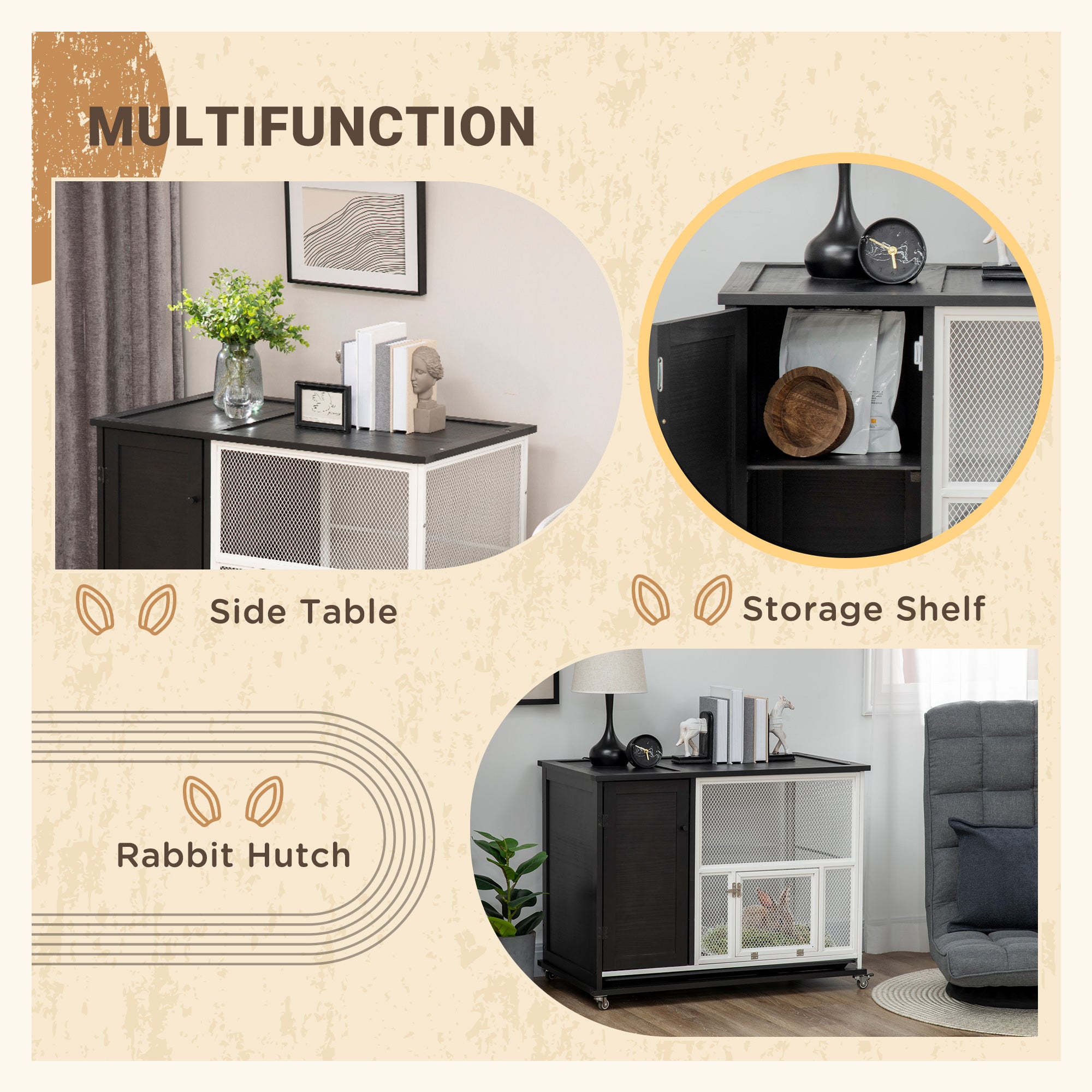 PawHut 38" 2-in-1 Indoor Rabbit Hutch & End Table with Wheels & Storage Shelf, Bunny Rabbit Cage with Removable Tray, Bunny Hutch Rabbit Furniture Pet Crate End Table, Black