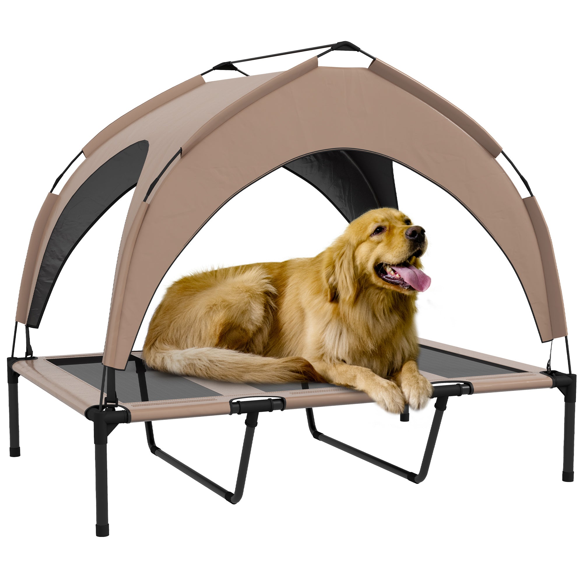 PawHut Elevated Dog Bed with Canopy, Cooling Dog Cot Bed for Camping, Portable Raised Pet Cot with Washable Breathable Mesh, for Indoor Outdoor, Large Dogs, 42" x 30" x 37", Coffee