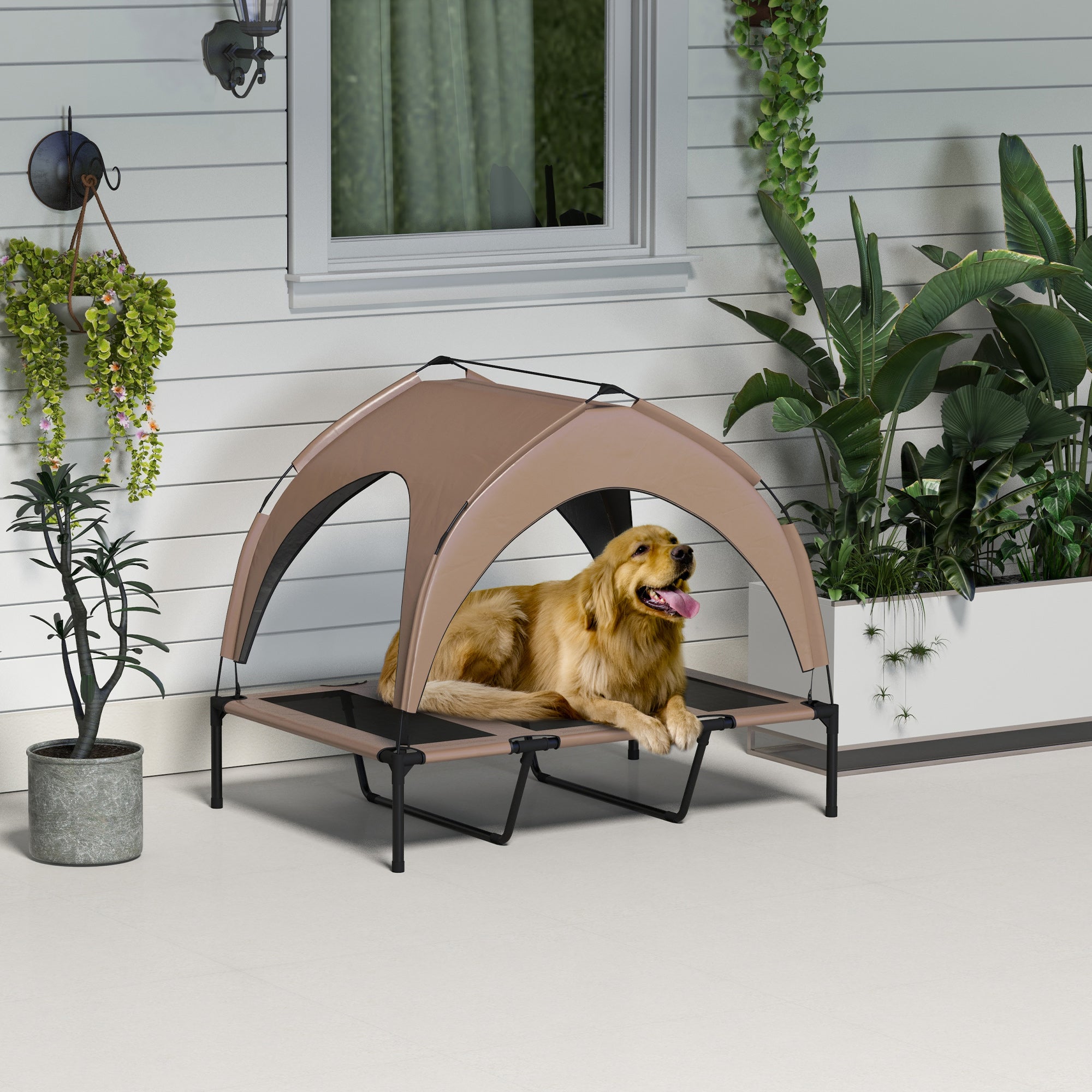 PawHut Elevated Dog Bed with Canopy, Cooling Dog Cot Bed for Camping, Portable Raised Pet Cot with Washable Breathable Mesh, for Indoor Outdoor, Large Dogs, 42" x 30" x 37", Coffee