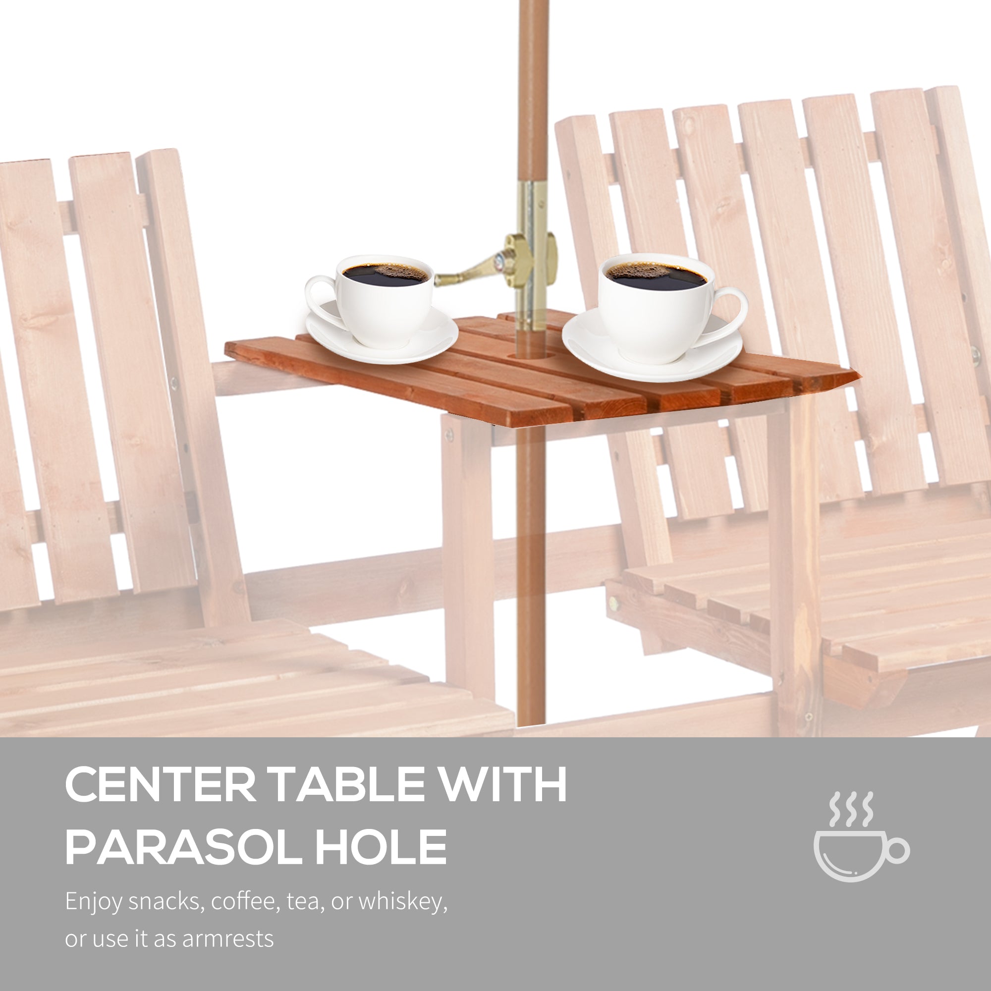 Outsunny 2-Seater Outdoor Wooden Bench with Middle Table and Umbrella Hole, Garden Bench for 2 Persons, Patio Loveseat with Slatted Seat and Back, Orange