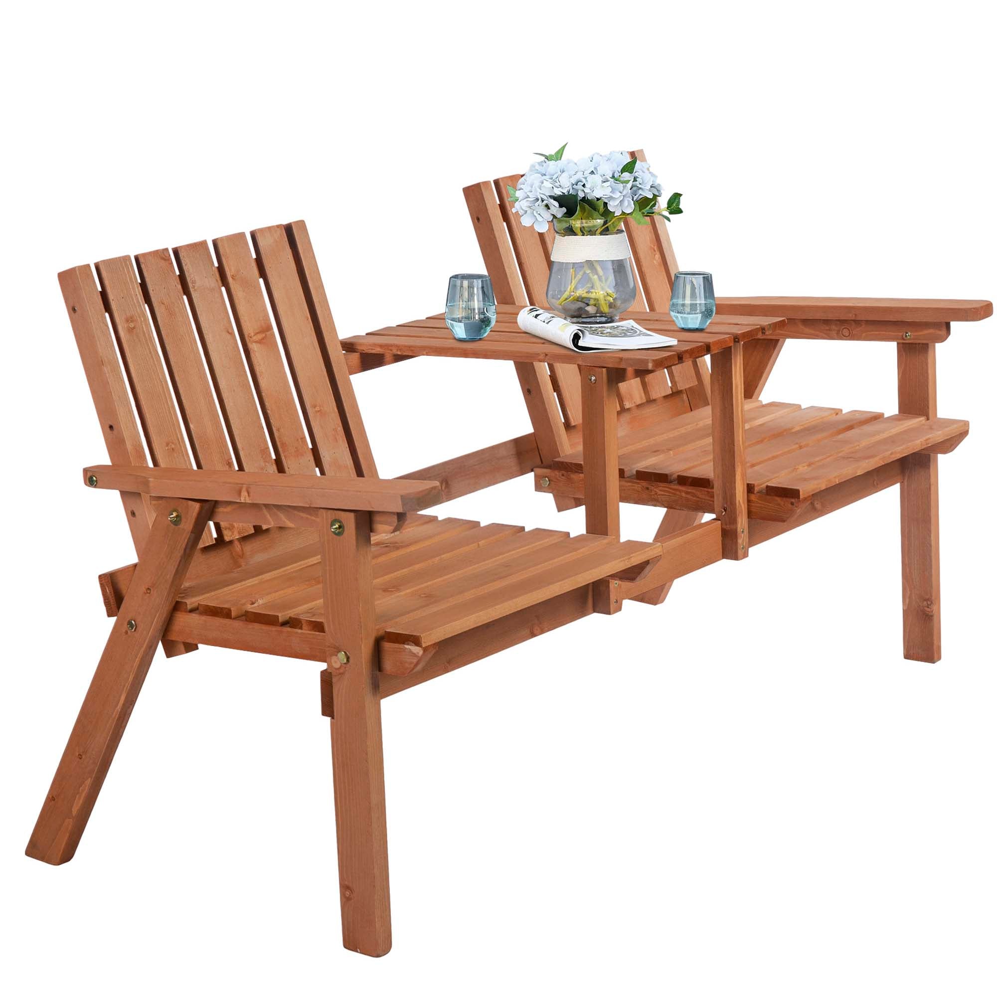 Outsunny 2-Seater Outdoor Wooden Bench with Middle Table and Umbrella Hole, Garden Bench for 2 Persons, Patio Loveseat with Slatted Seat and Back, Orange
