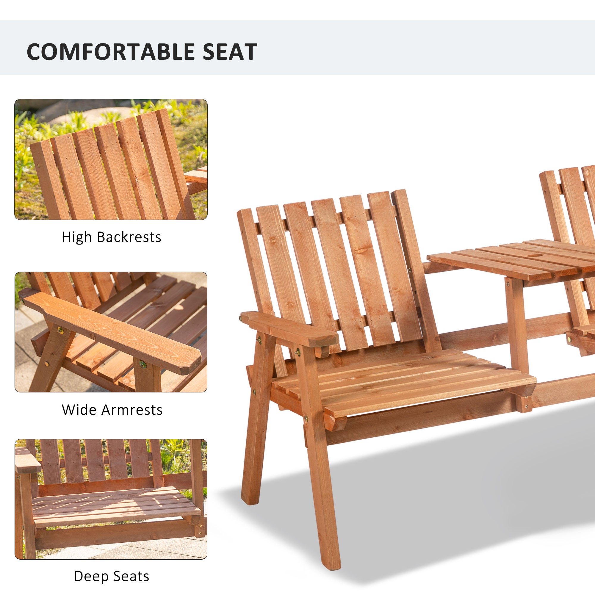 Outsunny 2-Seater Outdoor Wooden Bench with Middle Table and Umbrella Hole, Garden Bench for 2 Persons, Patio Loveseat with Slatted Seat and Back, Orange