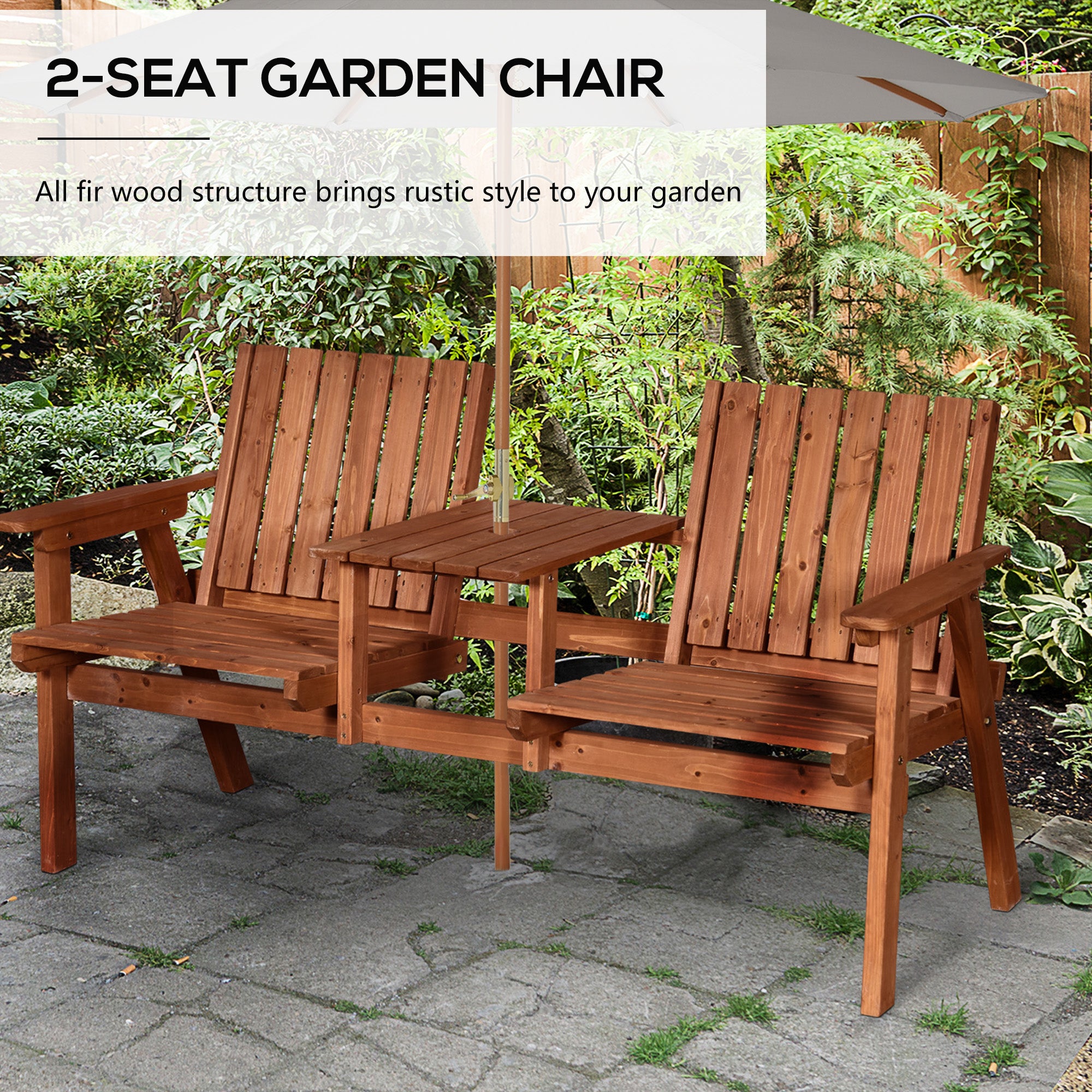 Outsunny 2-Seater Outdoor Wooden Bench with Middle Table and Umbrella Hole, Garden Bench for 2 Persons, Patio Loveseat with Slatted Seat and Back, Orange
