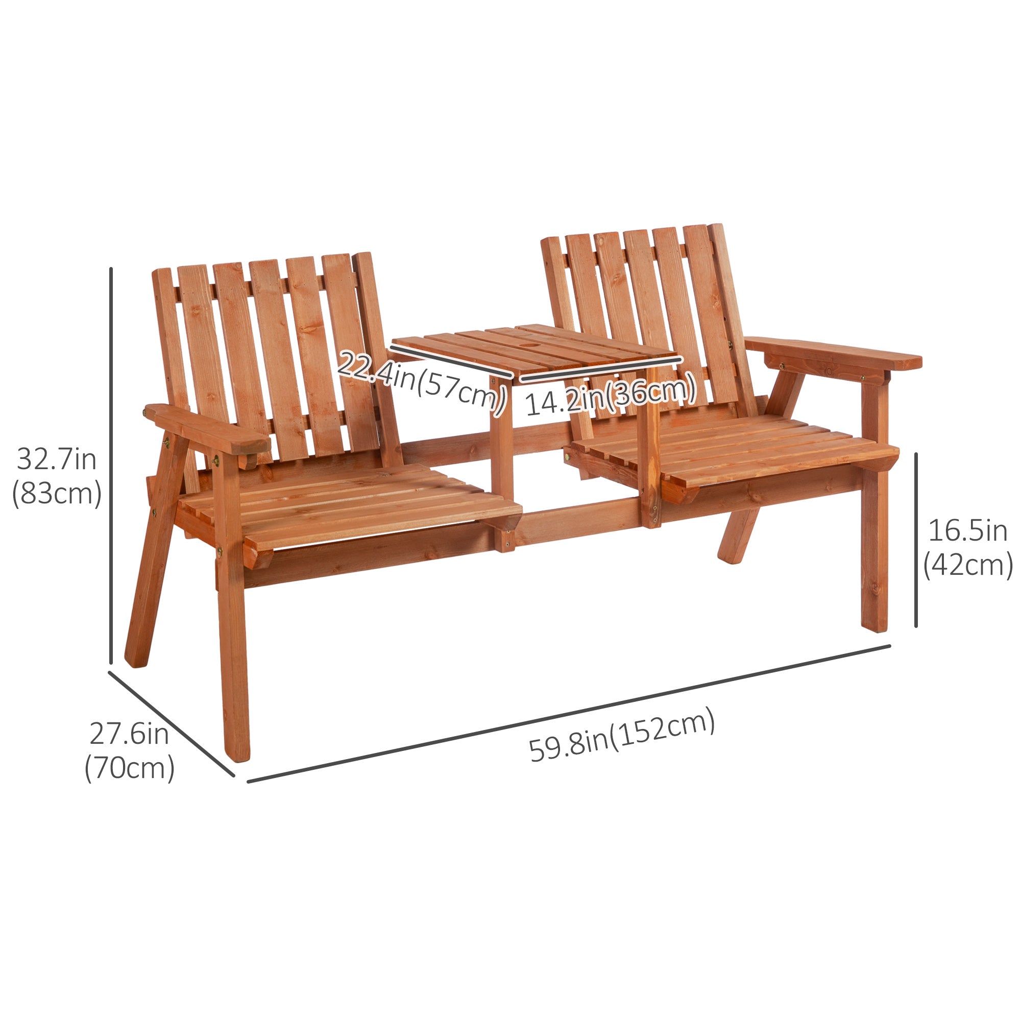 Outsunny 2-Seater Outdoor Wooden Bench with Middle Table and Umbrella Hole, Garden Bench for 2 Persons, Patio Loveseat with Slatted Seat and Back, Orange