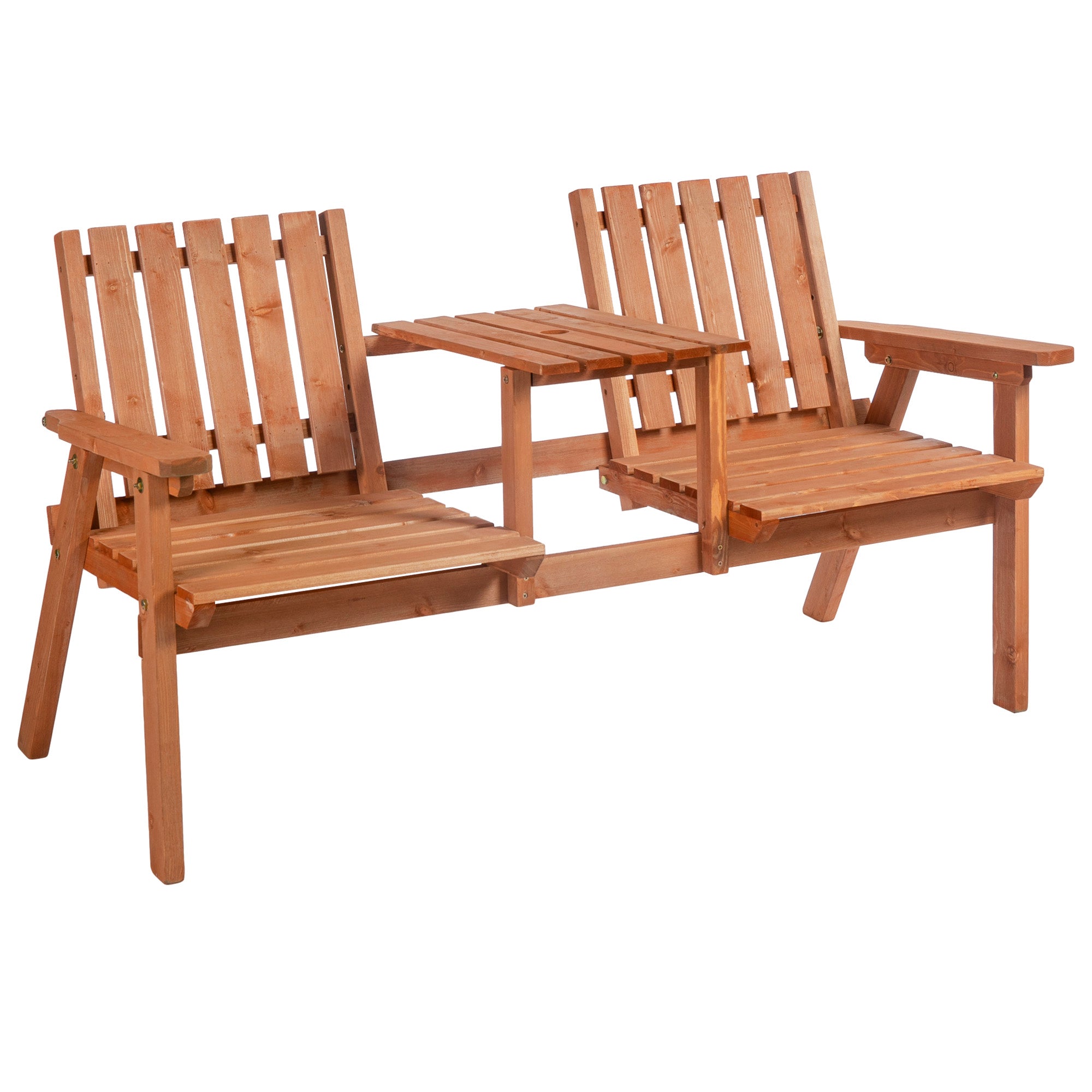 Outsunny 2-Seater Outdoor Wooden Bench with Middle Table and Umbrella Hole, Garden Bench for 2 Persons, Patio Loveseat with Slatted Seat and Back, Orange