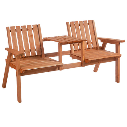 Outsunny 2-Seater Outdoor Wooden Bench with Middle Table and Umbrella Hole, Garden Bench for 2 Persons, Patio Loveseat with Slatted Seat and Back, Orange