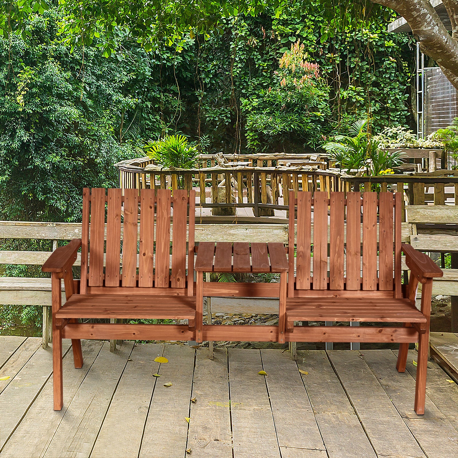 Outsunny 2-Seater Outdoor Wooden Bench with Middle Table and Umbrella Hole, Garden Bench for 2 Persons, Patio Loveseat with Slatted Seat and Back, Orange