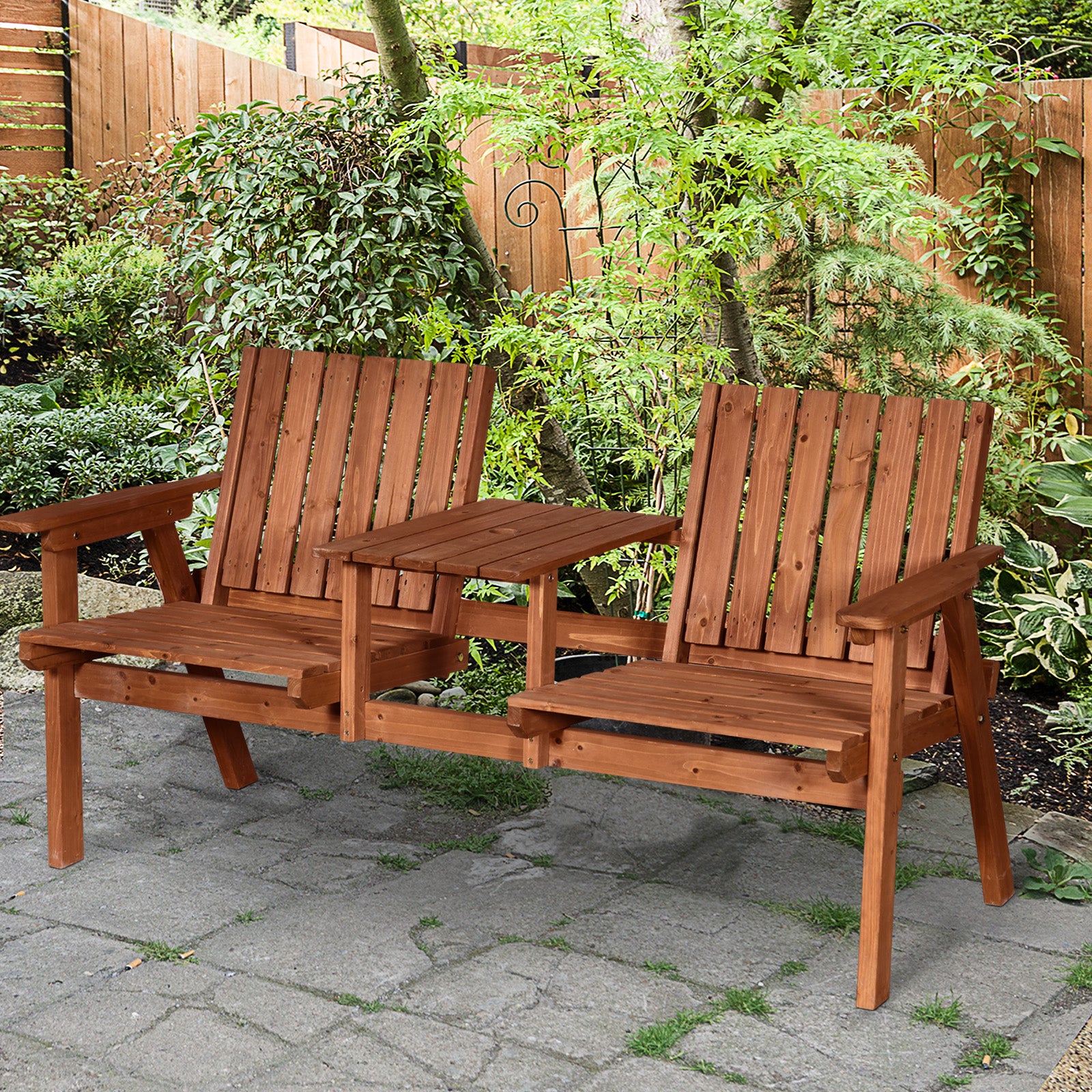 Outsunny 2-Seater Outdoor Wooden Bench with Middle Table and Umbrella Hole, Garden Bench for 2 Persons, Patio Loveseat with Slatted Seat and Back, Orange