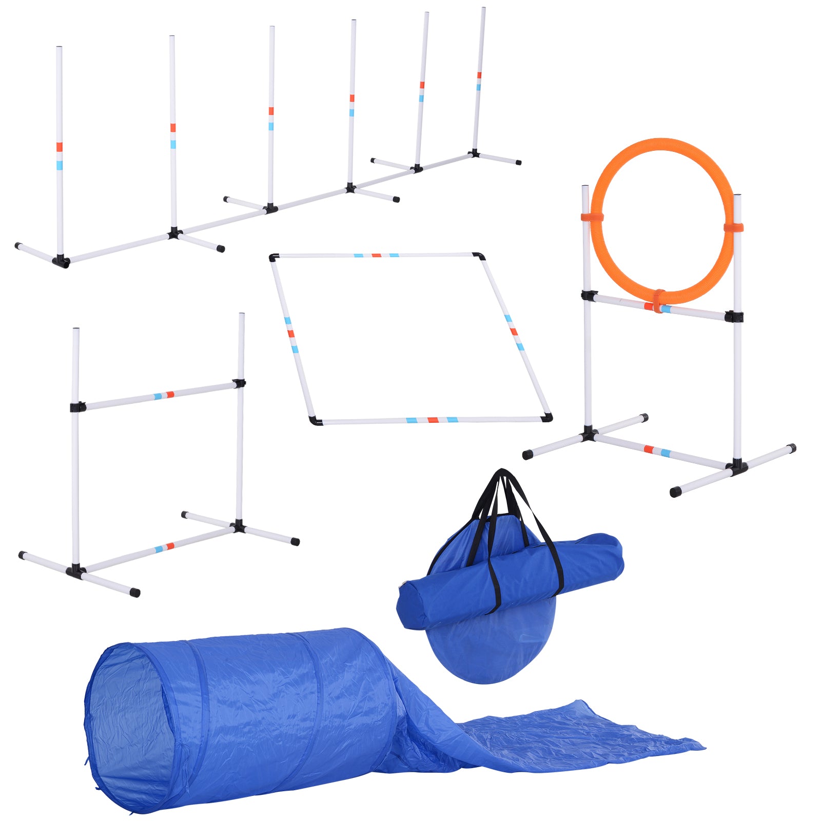 PawHut Dog Agility Equipment Training Set Carry Bag Adjustable (Pole + Hoop + Hurdle+Tunnel + Pause Box)