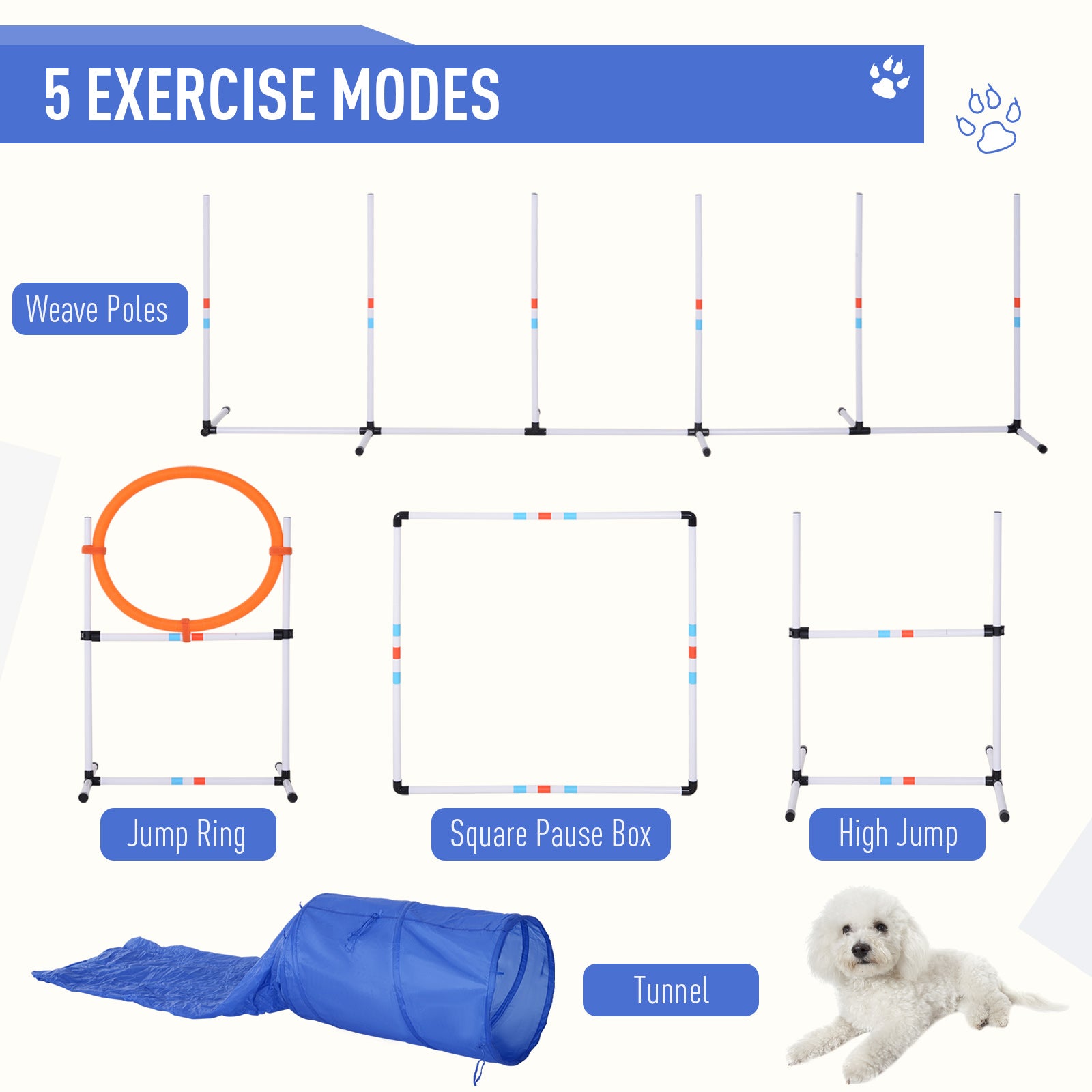 Pawhut 5 Piece Outdoor Game Dog Agility Training Equipment Set Agility Starter Kit Jumping Ring Hurdle Bar Tunnel