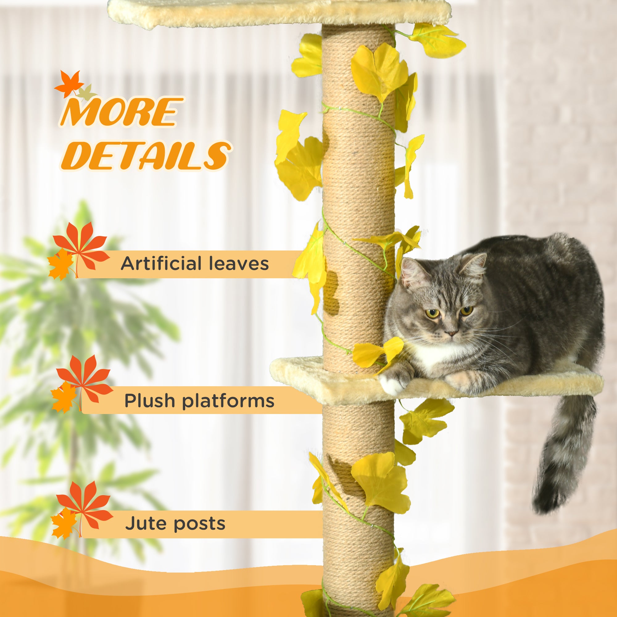 PawHut 242cm Floor to Ceiling Cat Tree for Indoor Cats with Leaves, Height Adjustable Cat Climbing Tower with Scratching Post, Anti-Slip Kit - Yellow