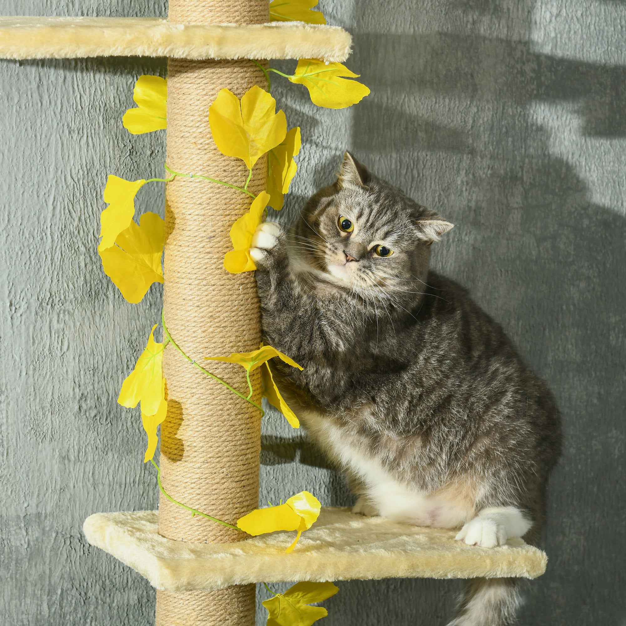 PawHut 242cm Floor to Ceiling Cat Tree for Indoor Cats with Leaves, Height Adjustable Cat Climbing Tower with Scratching Post, Anti-Slip Kit - Yellow