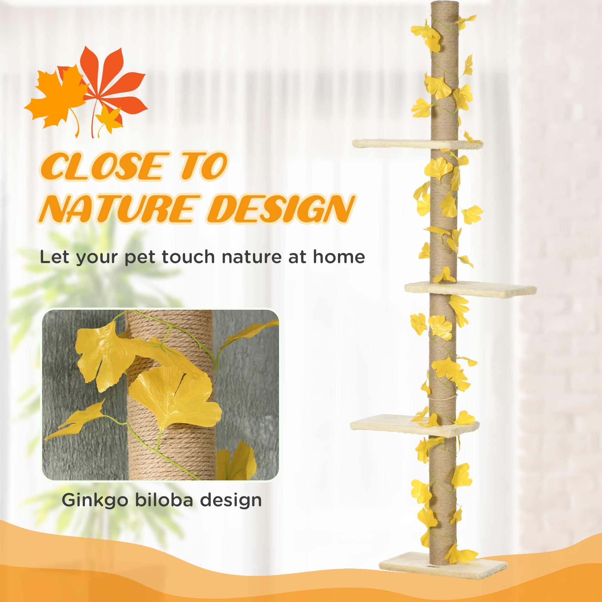 PawHut 242cm Floor to Ceiling Cat Tree for Indoor Cats with Leaves, Height Adjustable Cat Climbing Tower with Scratching Post, Anti-Slip Kit - Yellow