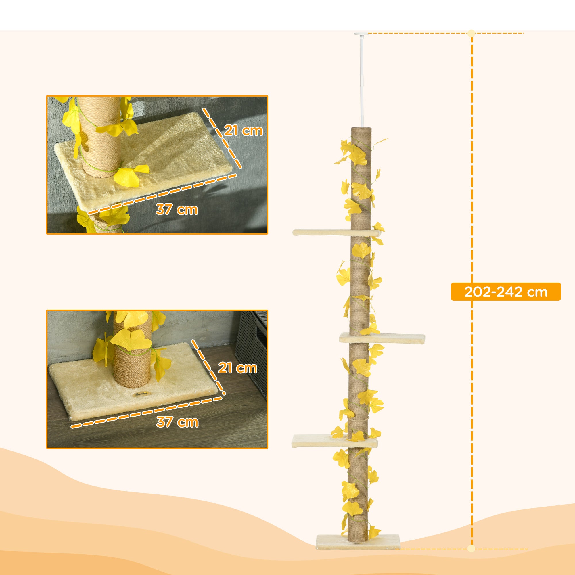 PawHut 242cm Floor to Ceiling Cat Tree for Indoor Cats with Leaves, Height Adjustable Cat Climbing Tower with Scratching Post, Anti-Slip Kit - Yellow