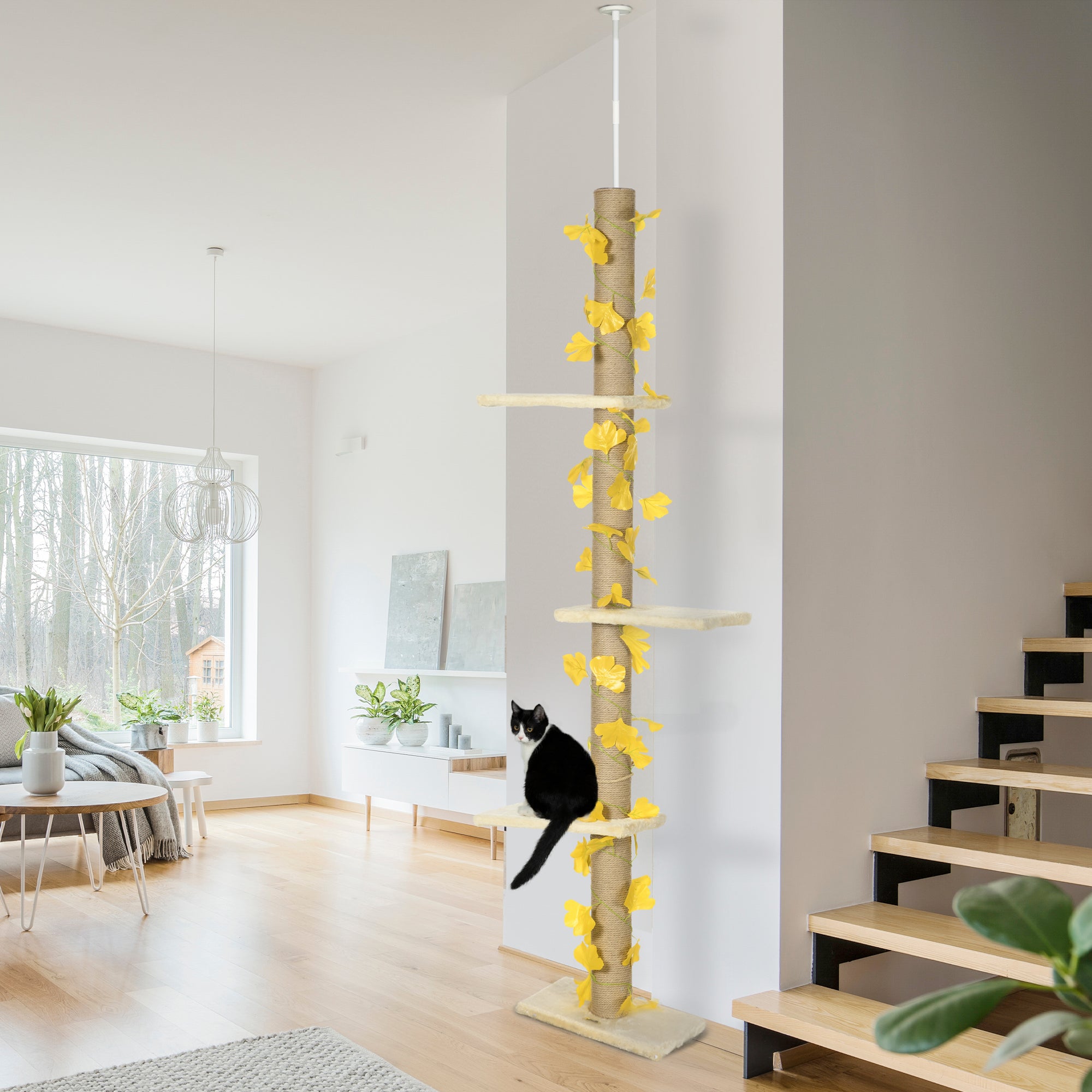 PawHut 242cm Floor to Ceiling Cat Tree for Indoor Cats with Leaves, Height Adjustable Cat Climbing Tower with Scratching Post, Anti-Slip Kit - Yellow