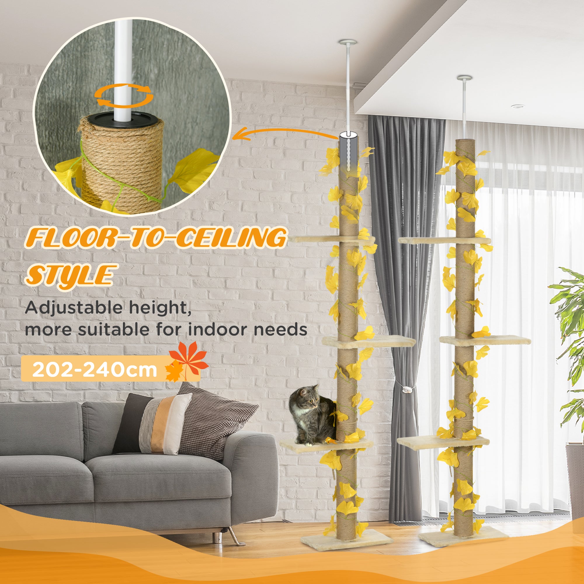 PawHut 242cm Floor to Ceiling Cat Tree for Indoor Cats with Leaves, Height Adjustable Cat Climbing Tower with Scratching Post, Anti-Slip Kit - Yellow