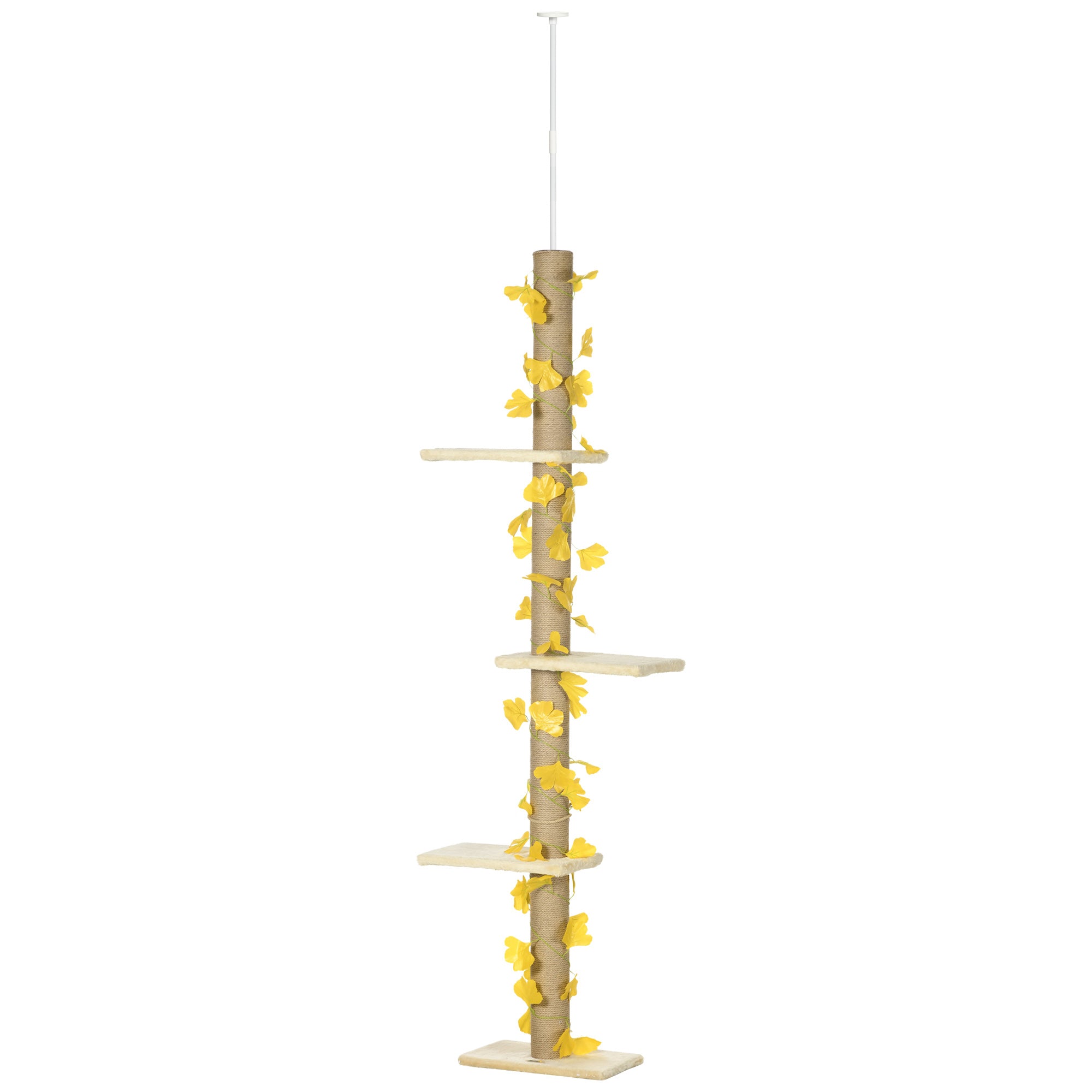 PawHut 242cm Floor to Ceiling Cat Tree for Indoor Cats with Leaves, Height Adjustable Cat Climbing Tower with Scratching Post, Anti-Slip Kit - Yellow