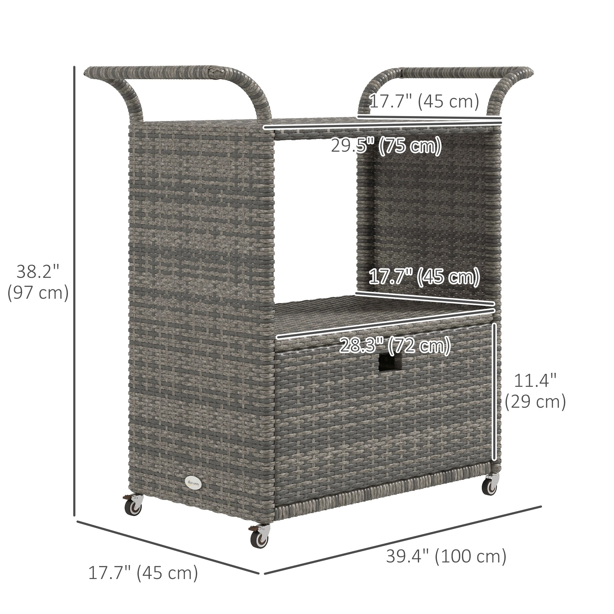 Outsunny Patio PE Wicker Garden Serving Cart with 2-Tier Shelf, Outdoor Wheeled Rattan Food Cart with Drawer, Handles, for Poolside, Garden, Mixed Grey