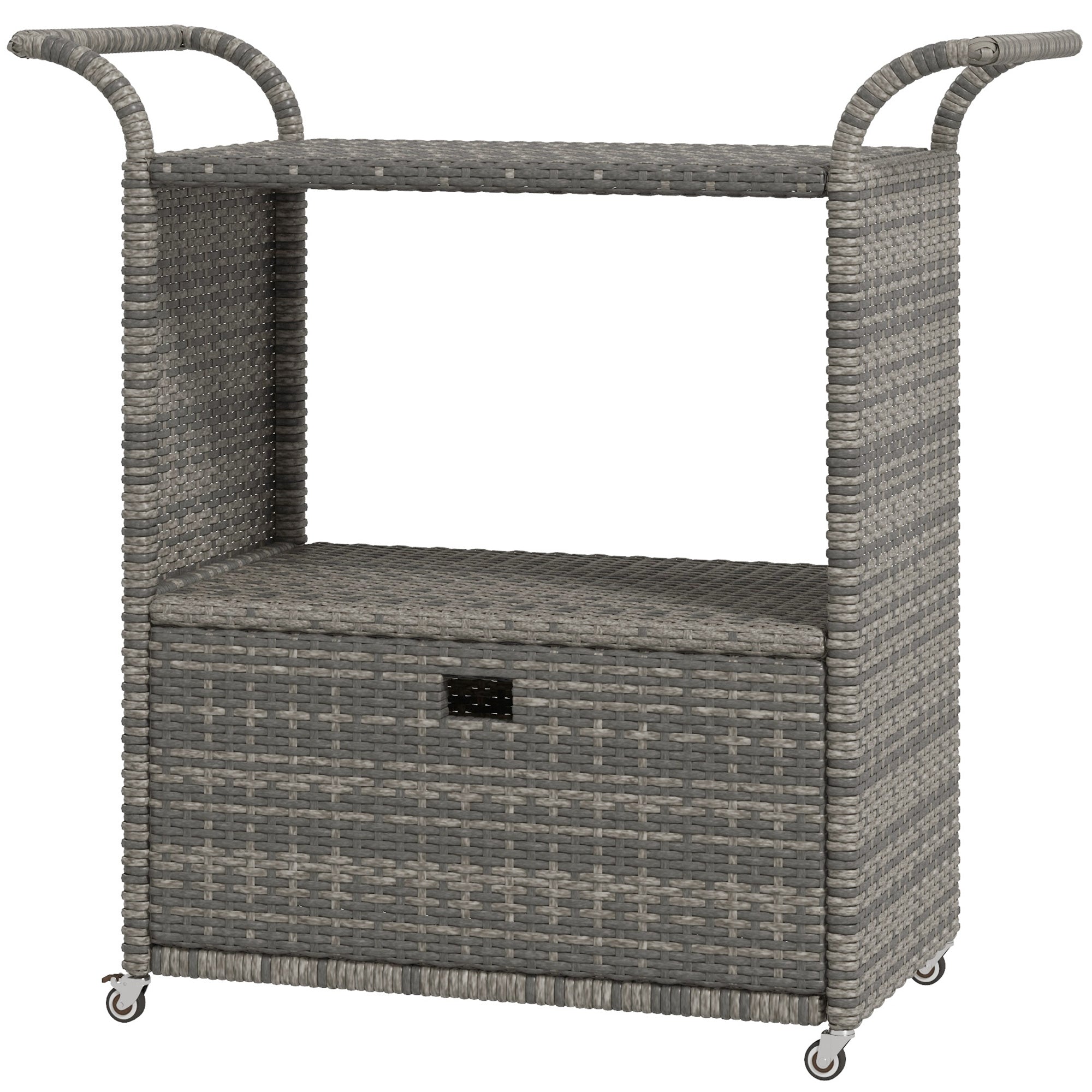 Outsunny Patio PE Wicker Garden Serving Cart with 2-Tier Shelf, Outdoor Wheeled Rattan Food Cart with Drawer, Handles, for Poolside, Garden, Mixed Grey