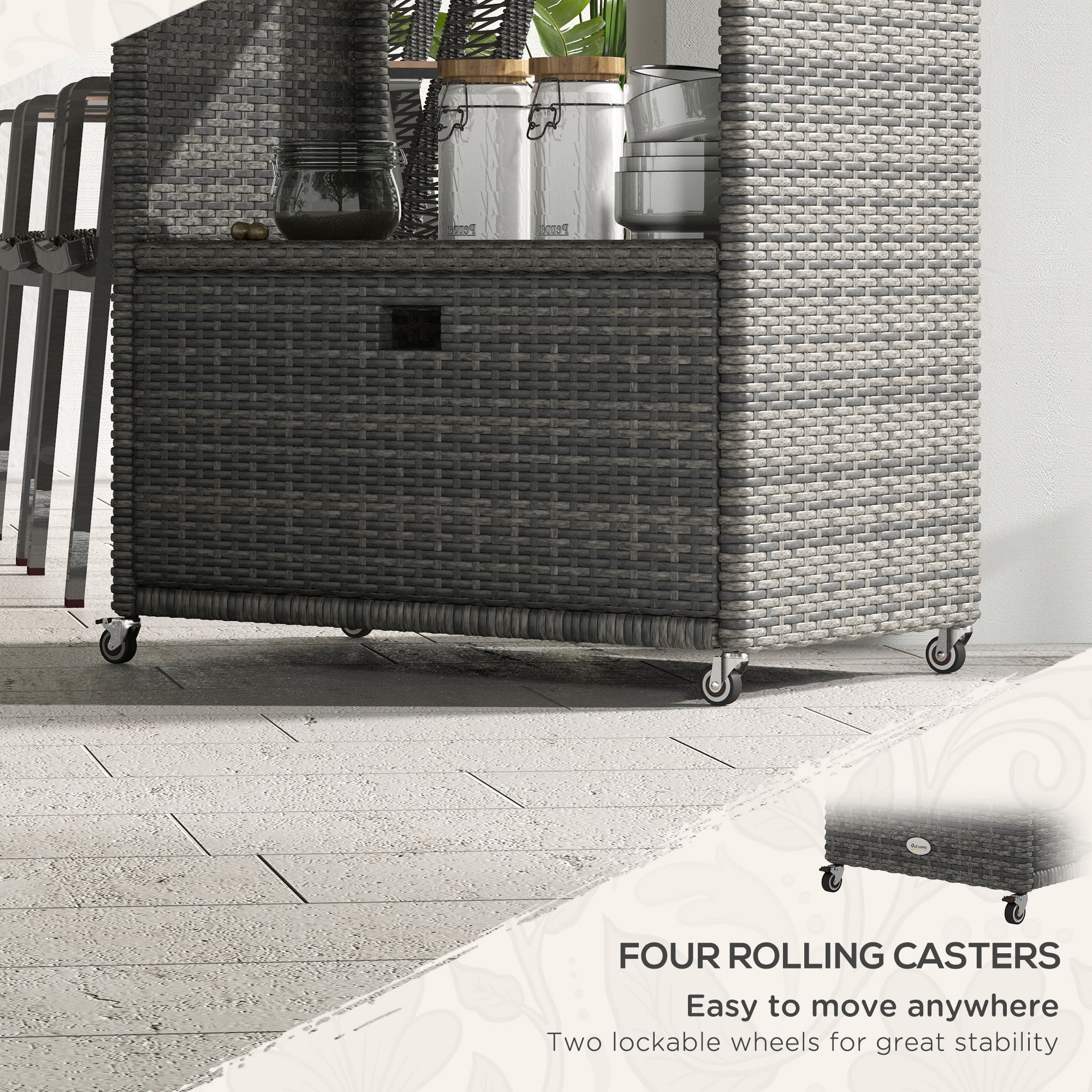 Outsunny Patio PE Wicker Garden Serving Cart with 2-Tier Shelf, Outdoor Wheeled Rattan Food Cart with Drawer, Handles, for Poolside, Garden, Mixed Grey