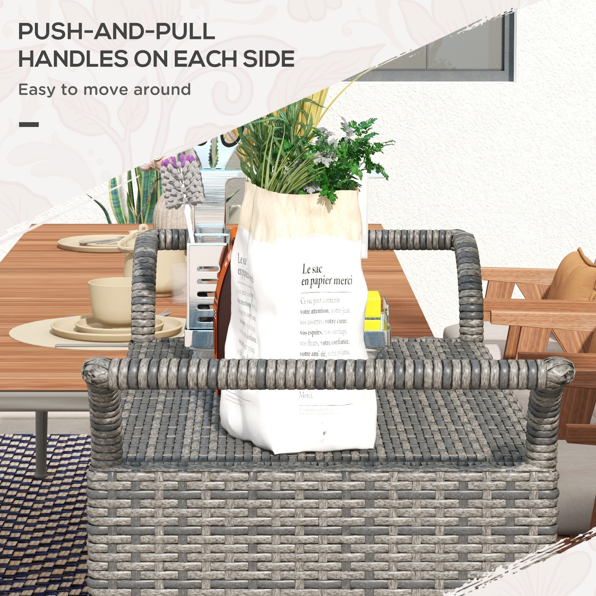 Outsunny Patio PE Wicker Garden Serving Cart with 2-Tier Shelf, Outdoor Wheeled Rattan Food Cart with Drawer, Handles, for Poolside, Garden, Mixed Grey