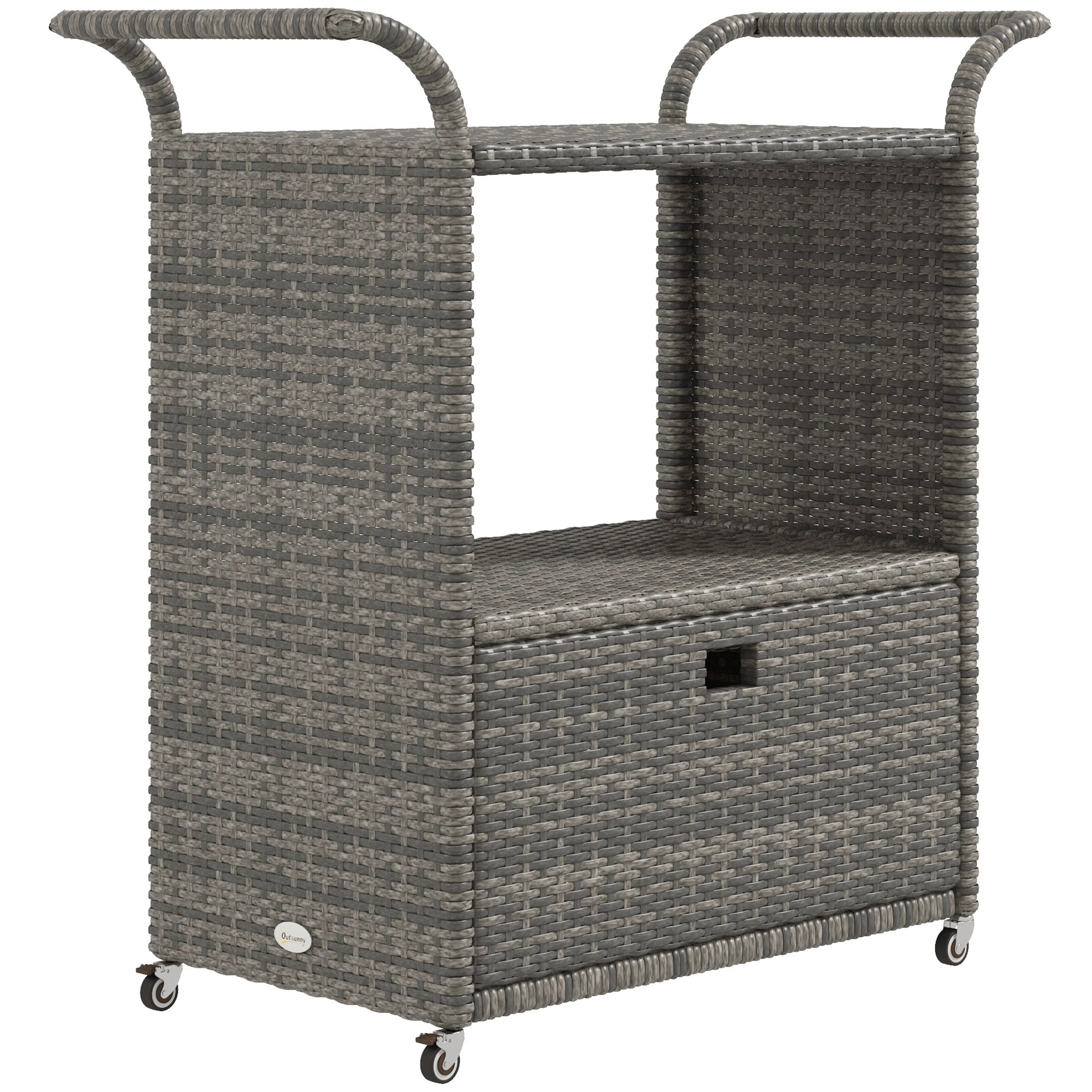Outsunny Patio PE Wicker Garden Serving Cart with 2-Tier Shelf, Outdoor Wheeled Rattan Food Cart with Drawer, Handles, for Poolside, Garden, Mixed Grey